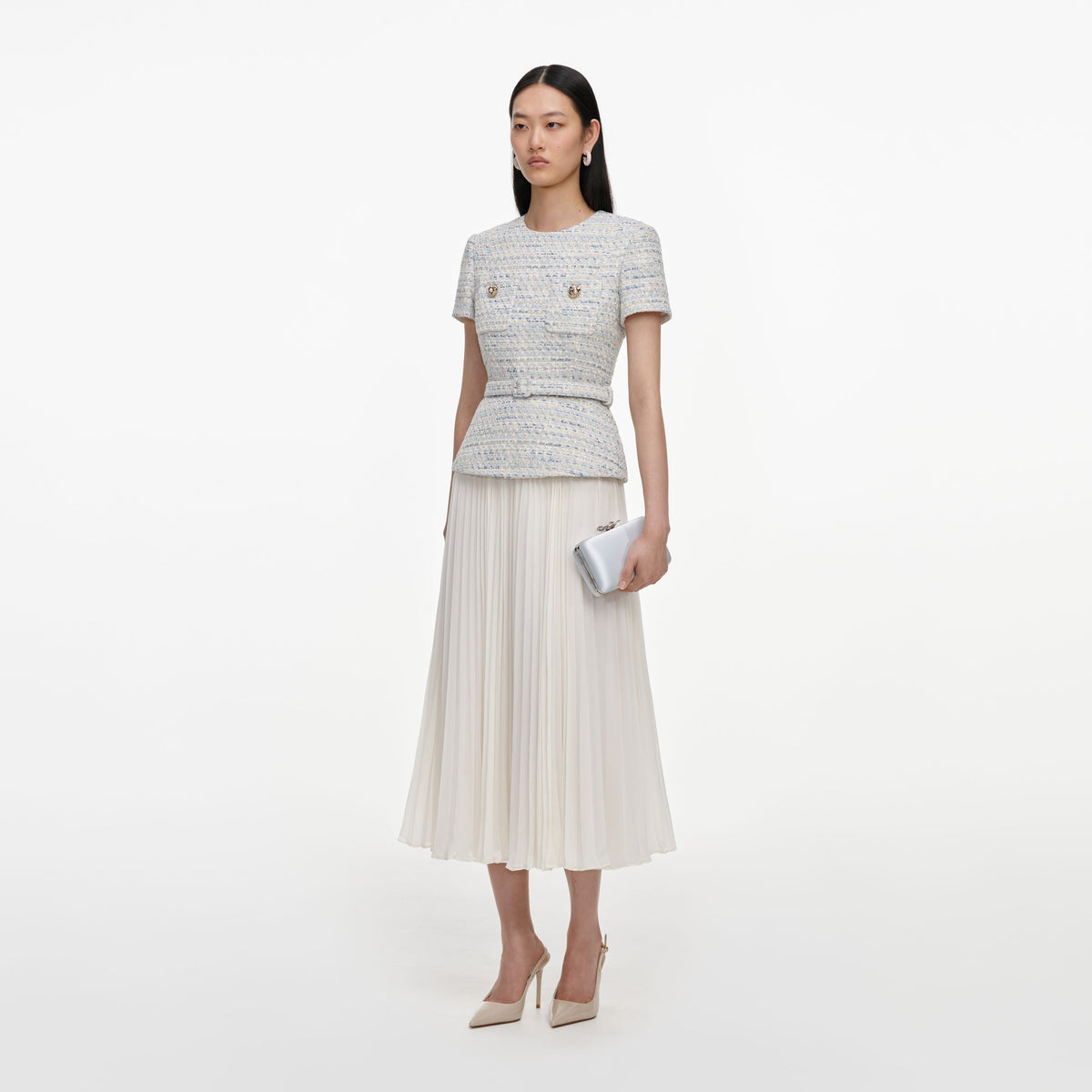 self-portrait bouclé and chiffon midi dress Blue Boucle Chiffon Midi Dress – self-portrait-US