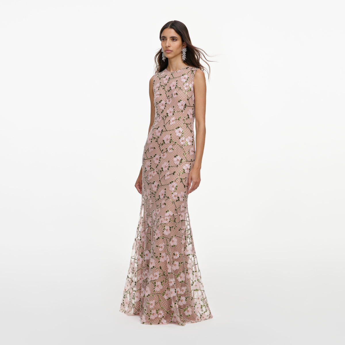 self-portrait - Pink Rhinestone Sequin Mesh Maxi Dress