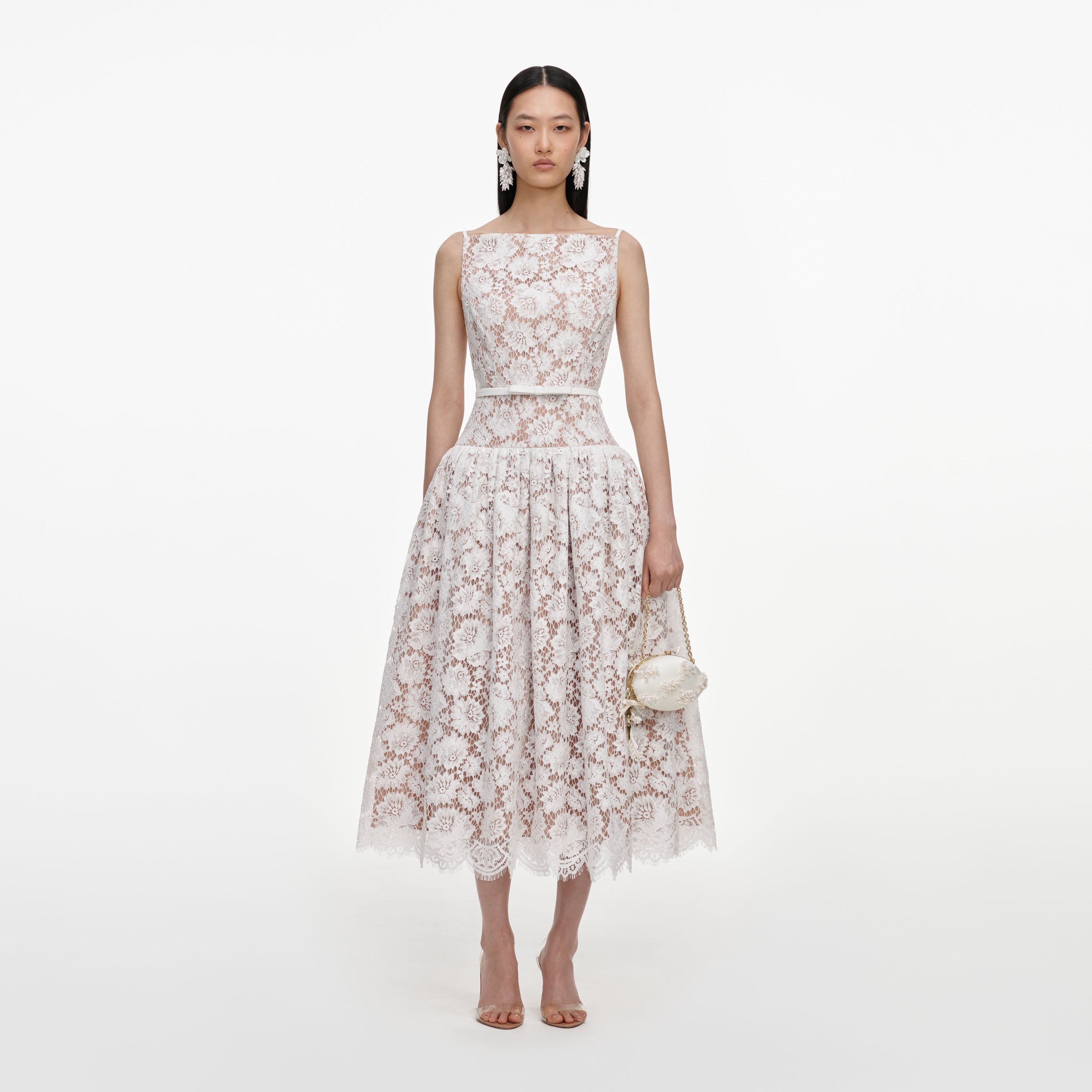 self-portrait - White Lace Flared Midi Dress