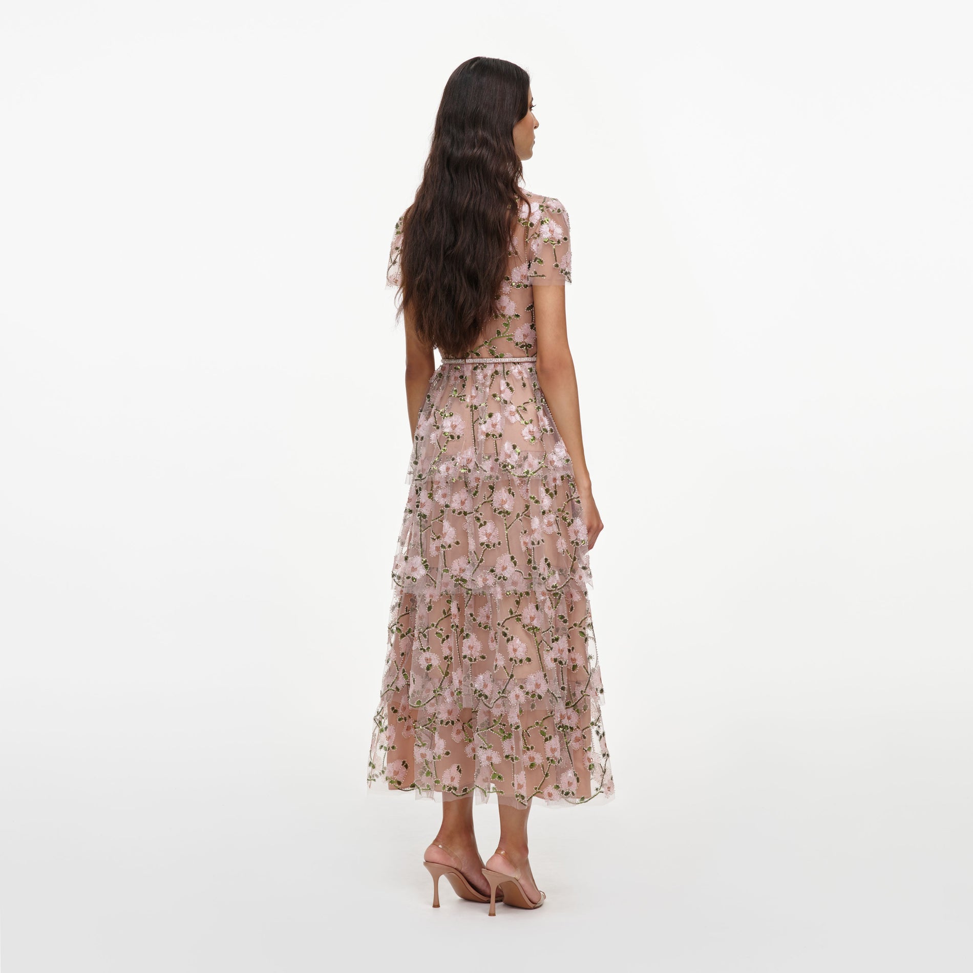 Pink Sequin Embellished Tiered Midi Dress