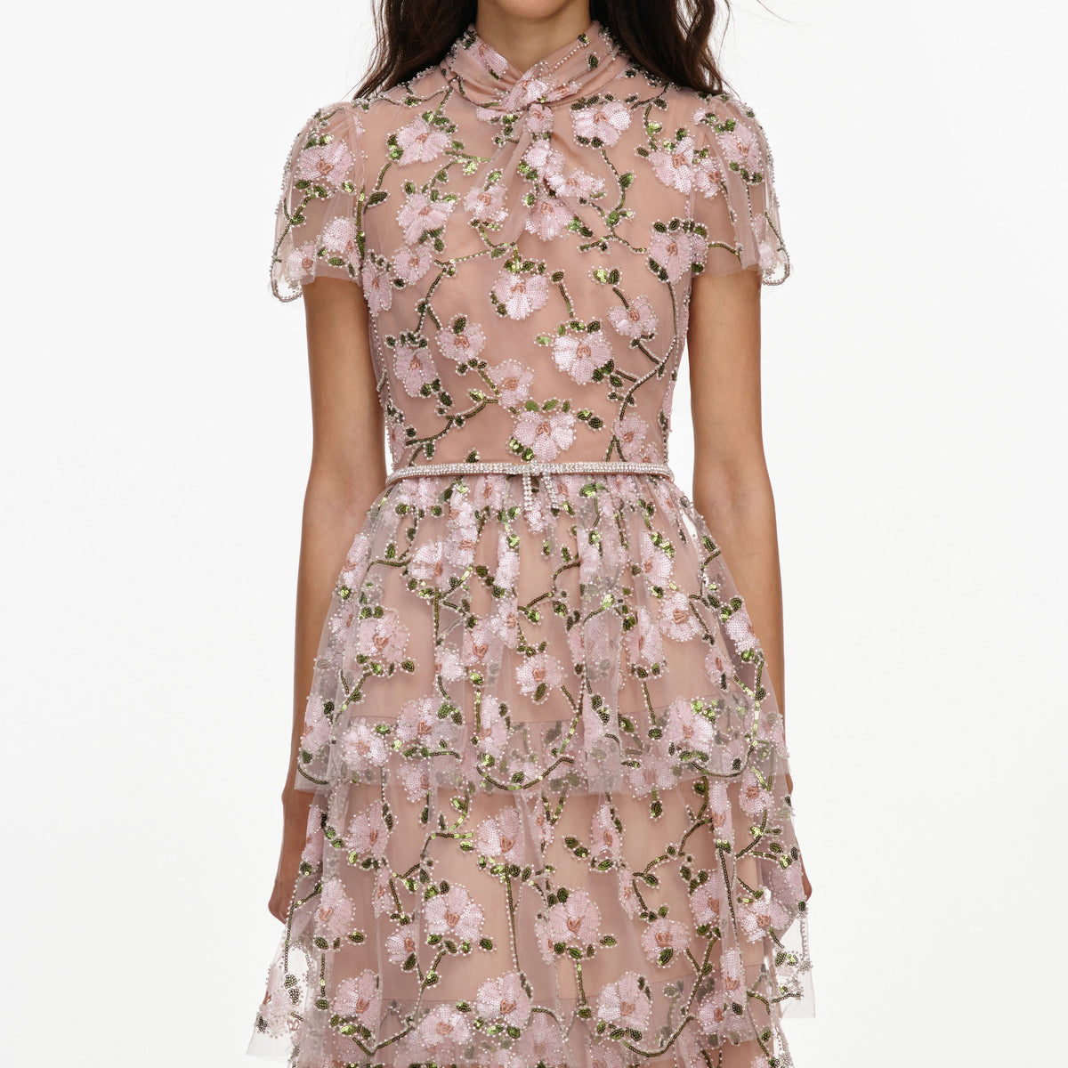 self portrait tiered sequin mini dress Self-Portrait l Grey Leaf Sequin Mini Dress (inspired) Cut from light grey leaf sequin mesh this dress is designed with a v-neckline, elastic grosgrain waistband and falls to a tiered mini skirt