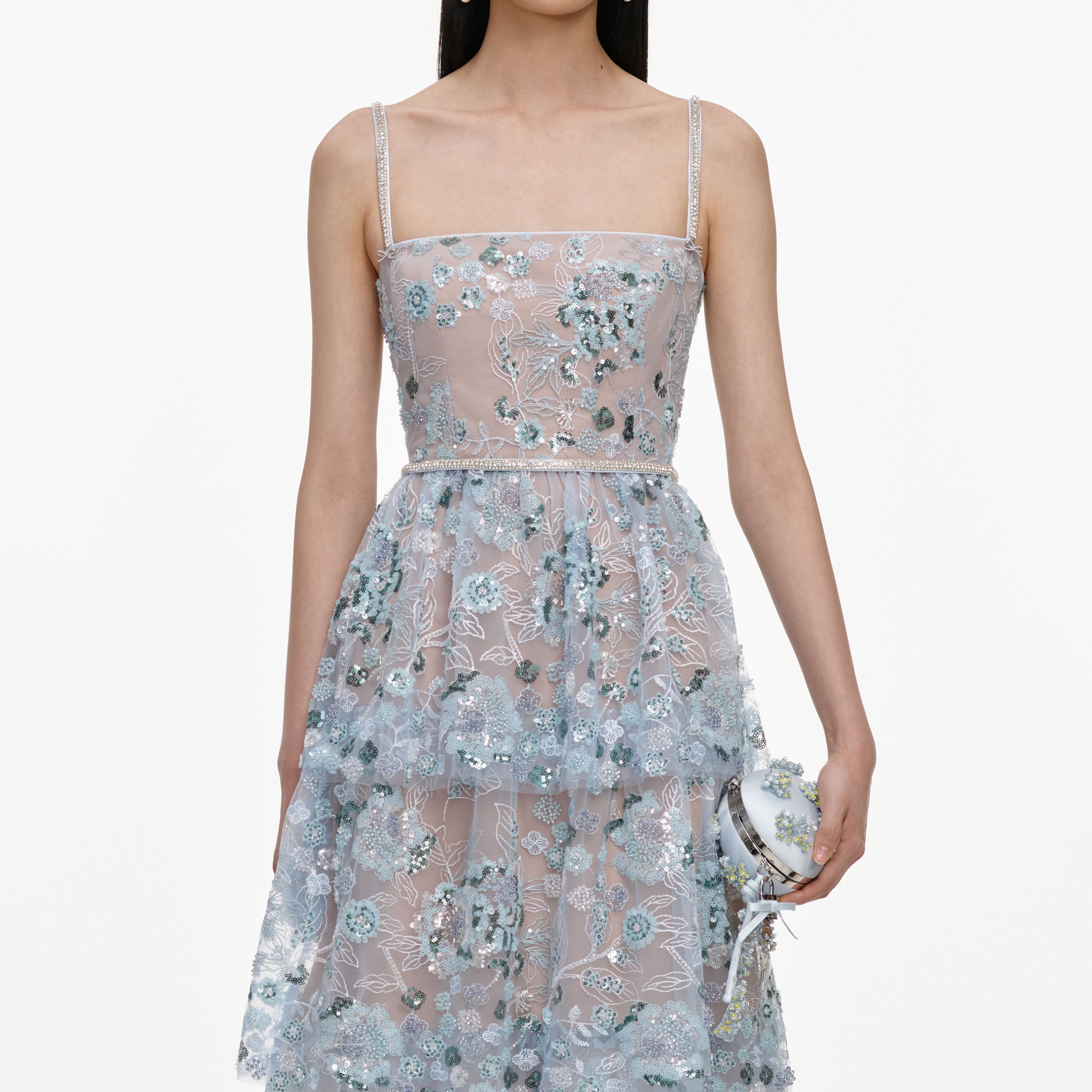 Blue Sequin Embellished Tiered Midi Dress