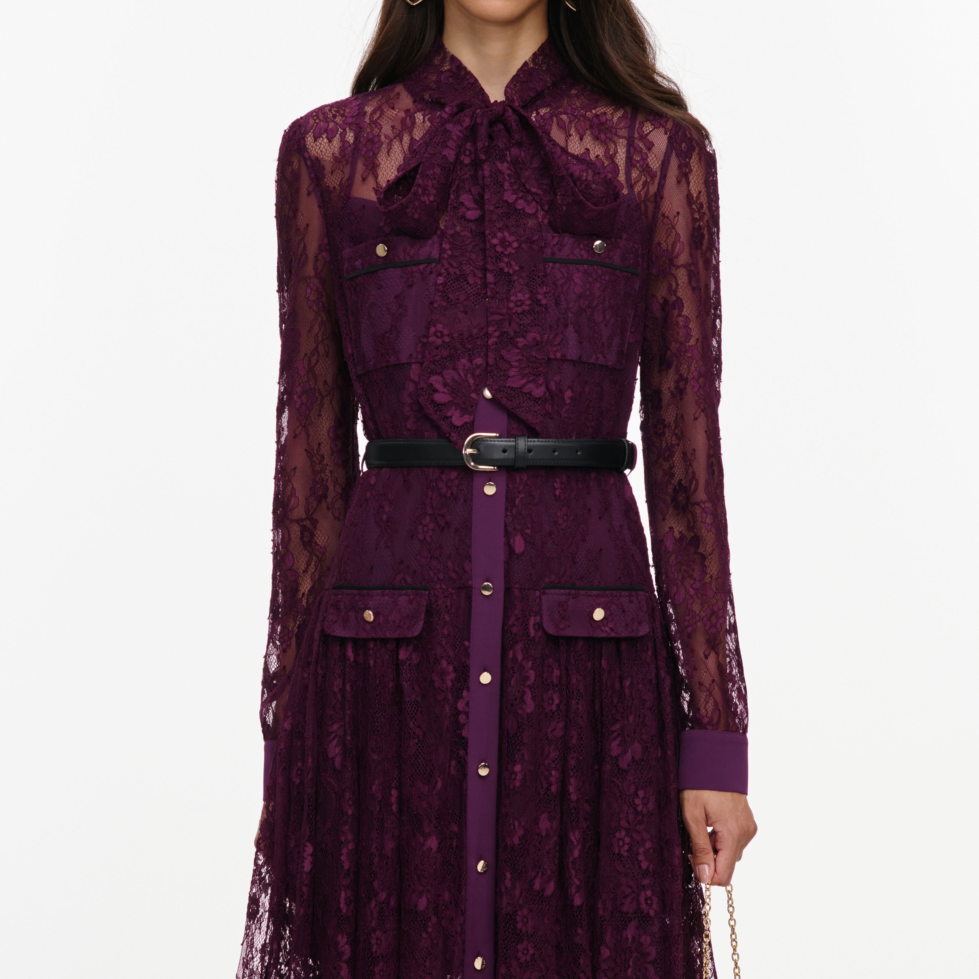 Purple Lace Tie Neck Midi Dress – self-portrait-US