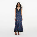 Navy Satin Printed Lace Midi Dress