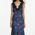 Navy Satin Printed Lace Midi Dress