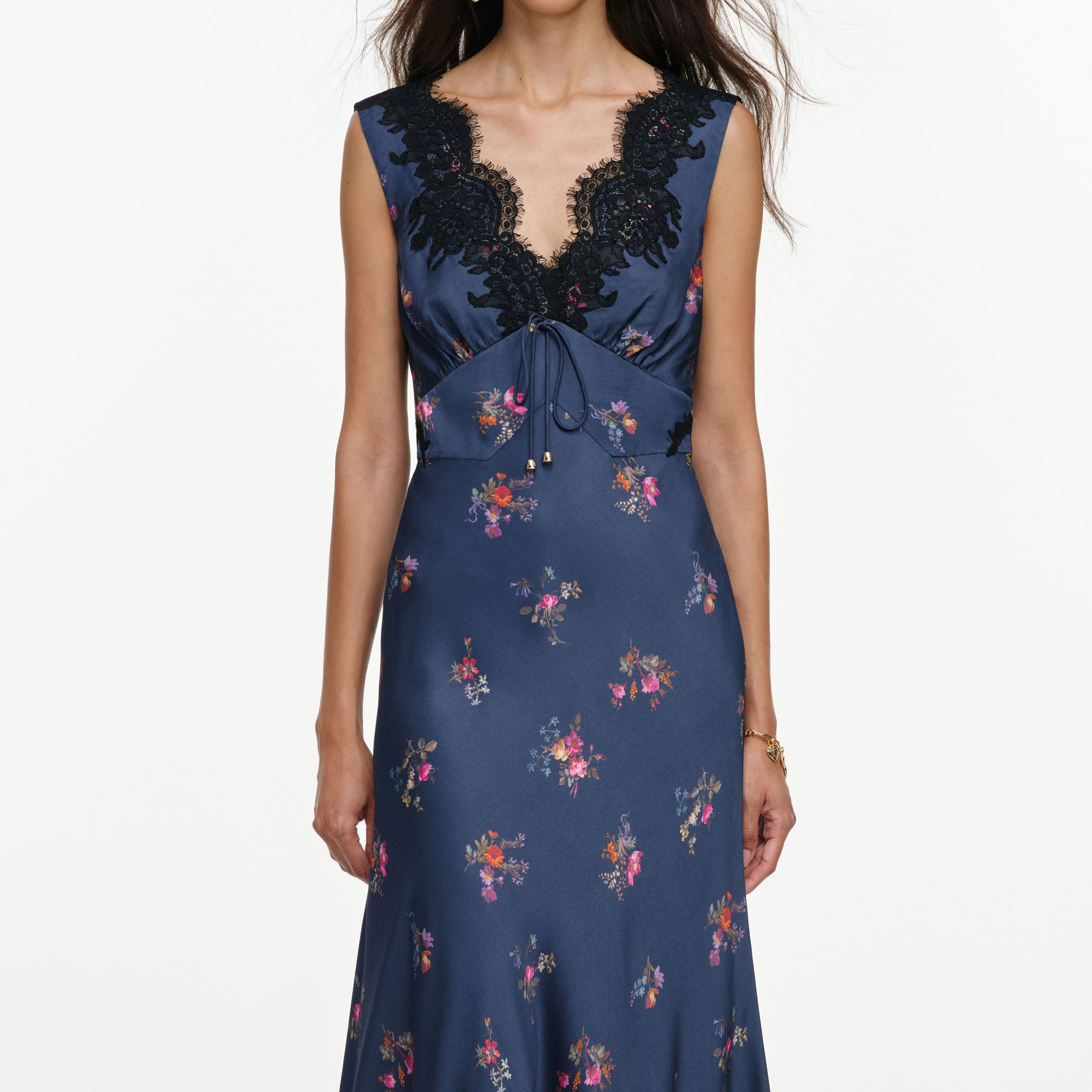 Navy Satin Printed Lace Midi Dress