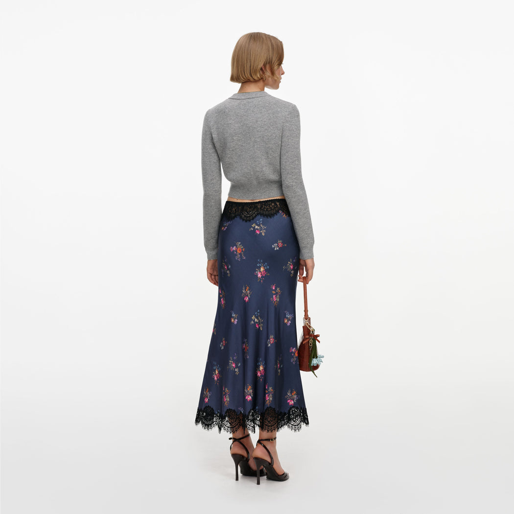 Navy Satin Printed Lace Midi Skirt