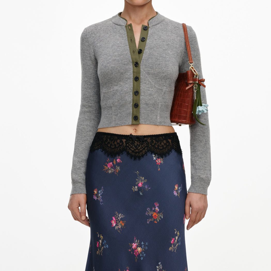 Navy Satin Printed Lace Midi Skirt