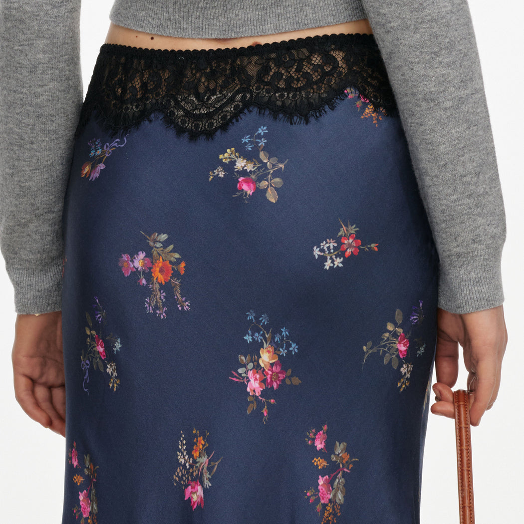 Navy Satin Printed Lace Midi Skirt