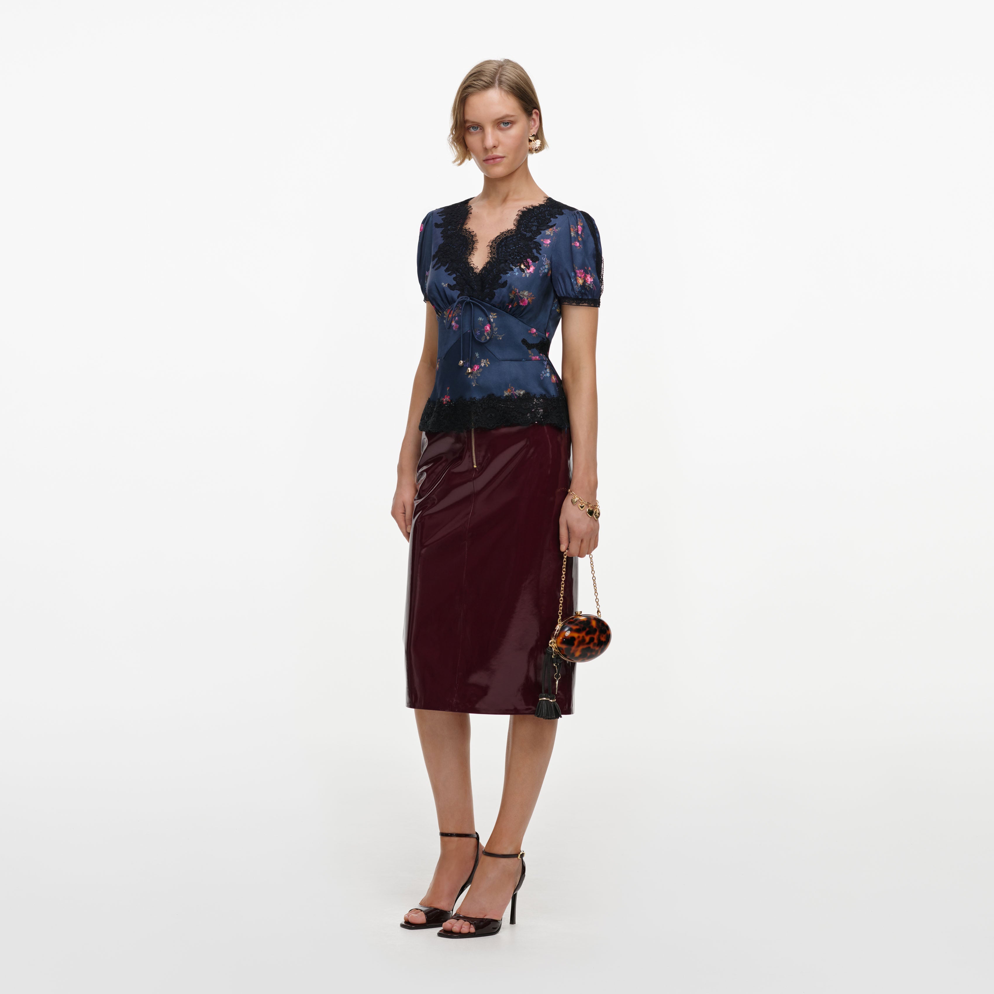 Navy Satin Printed Lace Top