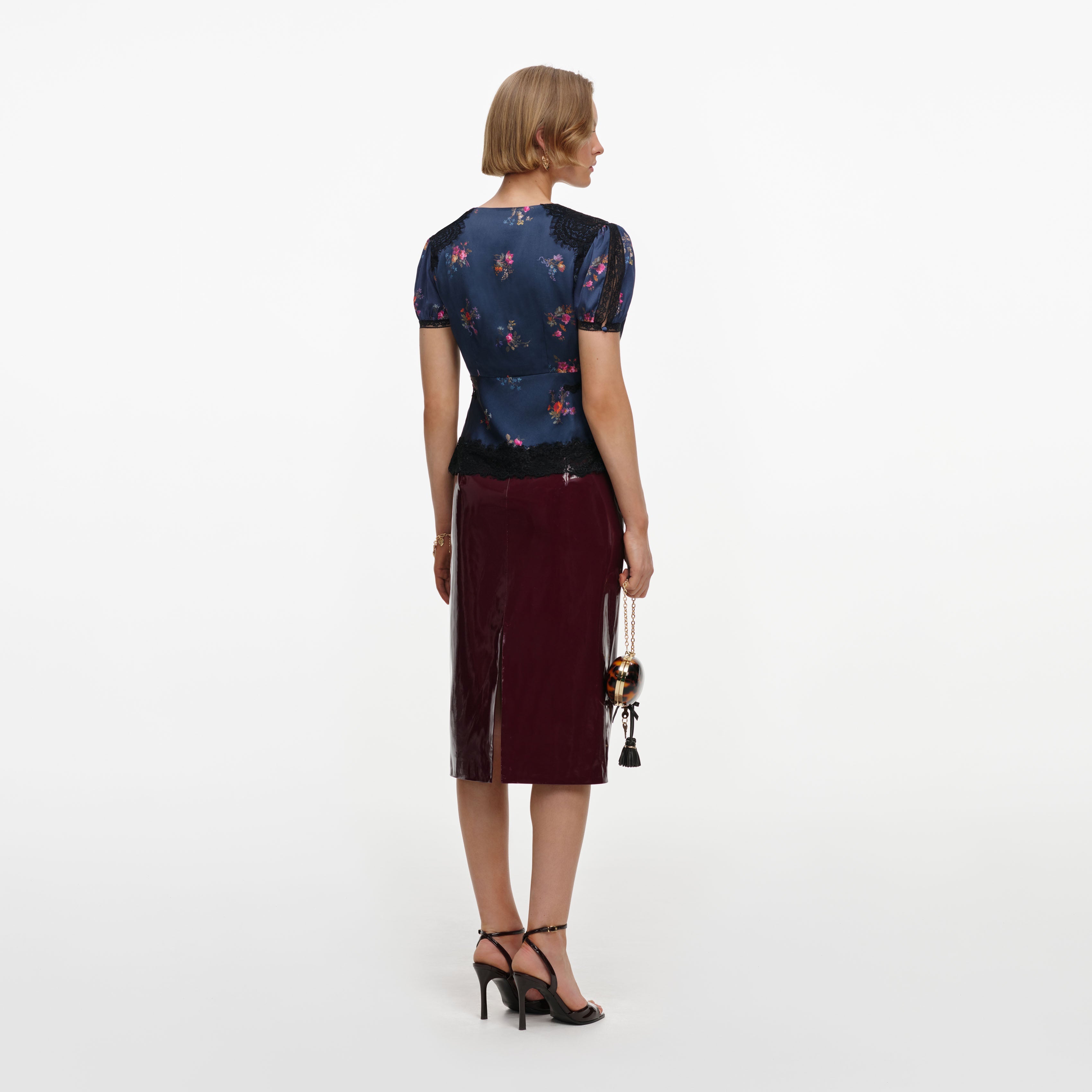 Navy Satin Printed Lace Top