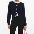 Navy Flower Pearl Trim Knit Jumper