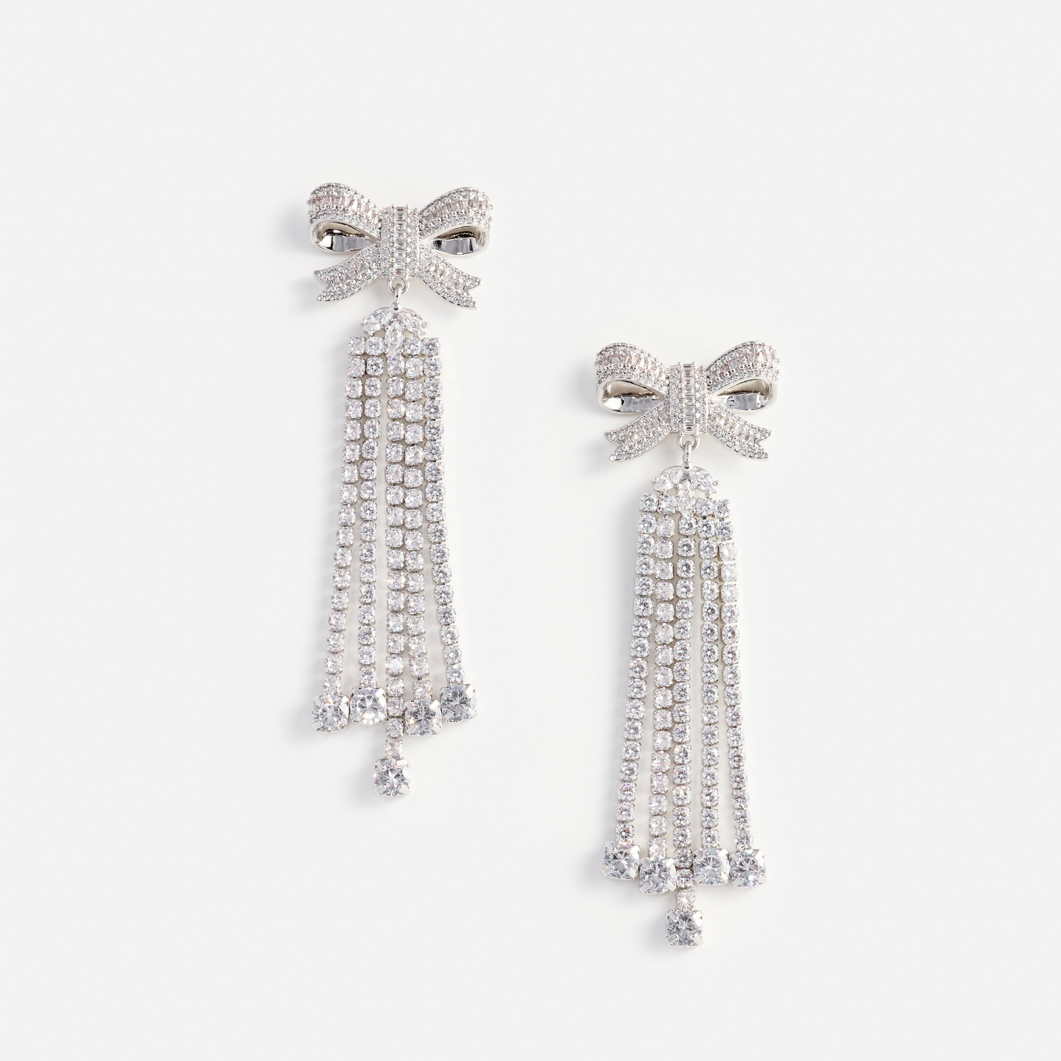 Silver Crystal Bow Droplet Earrings