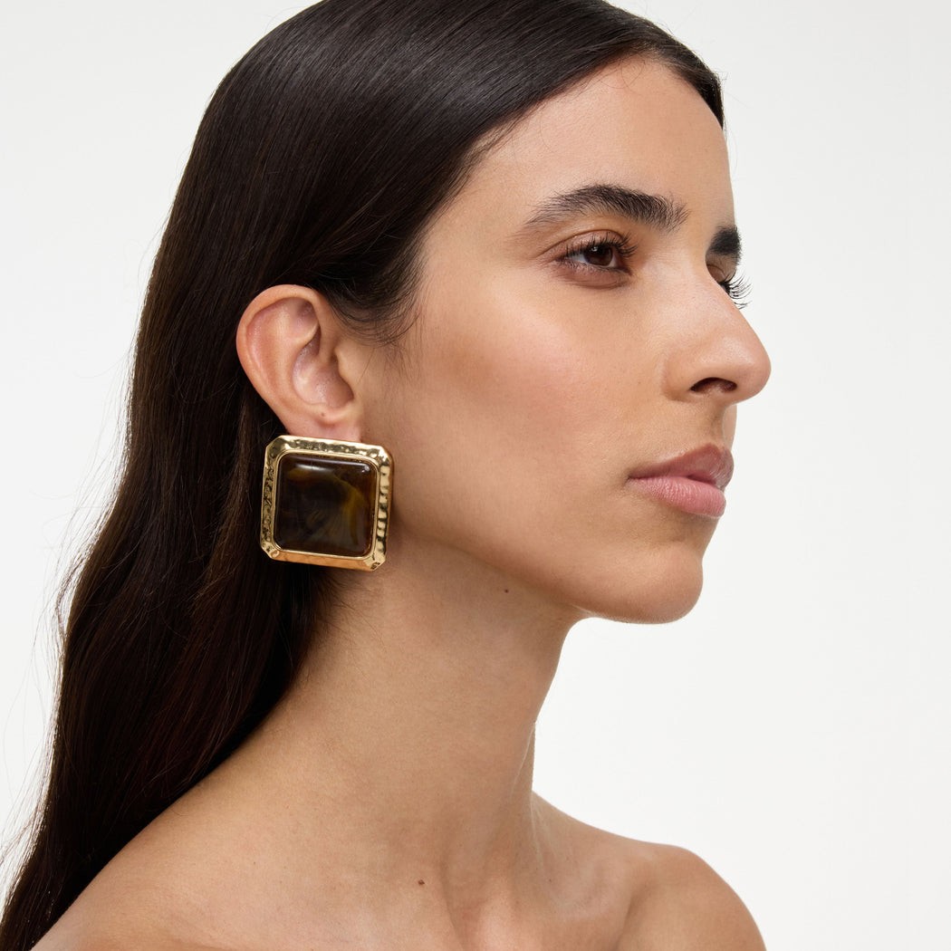 Square Brown Enamel Stud Earring