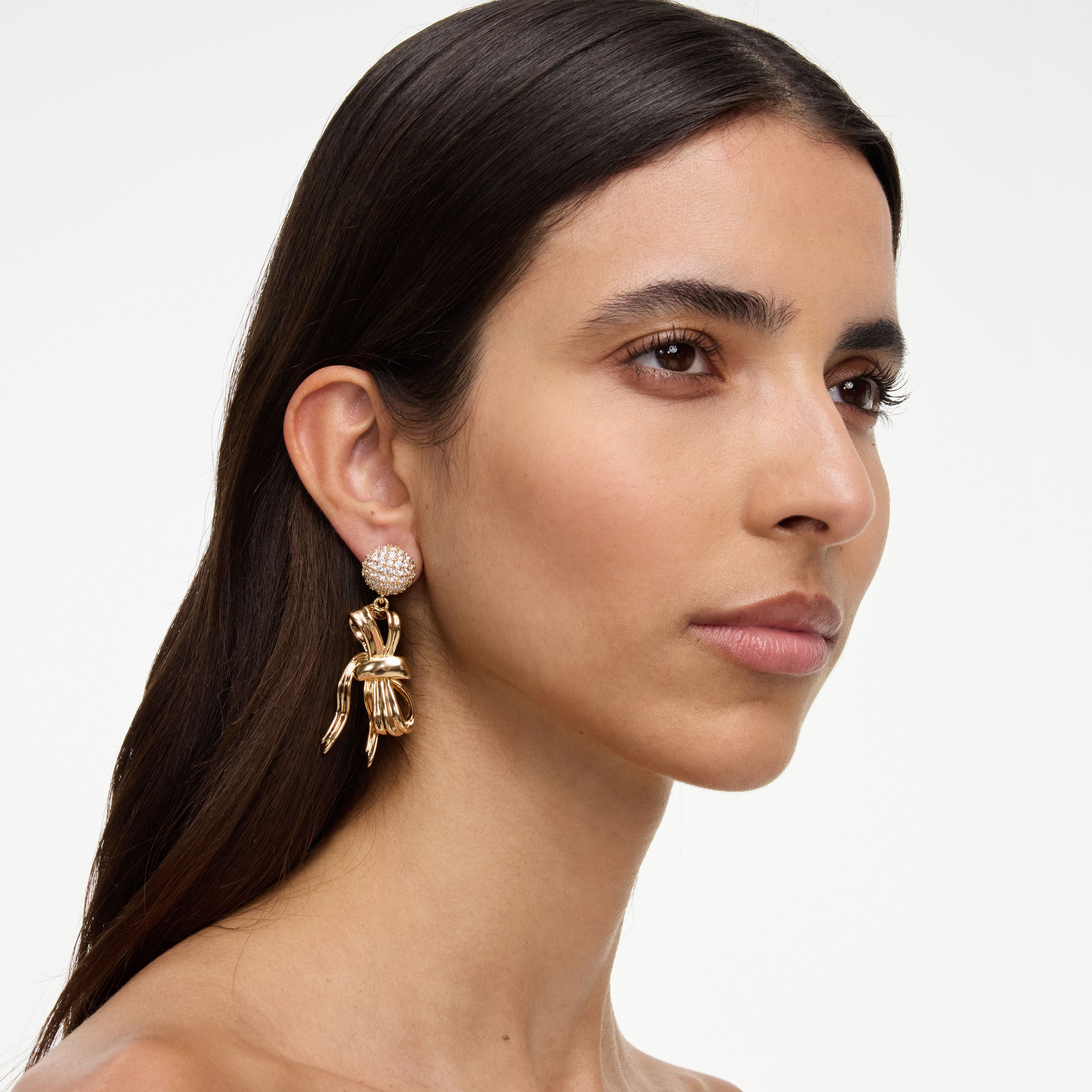 Gold Crystal Sideward Bow Earring