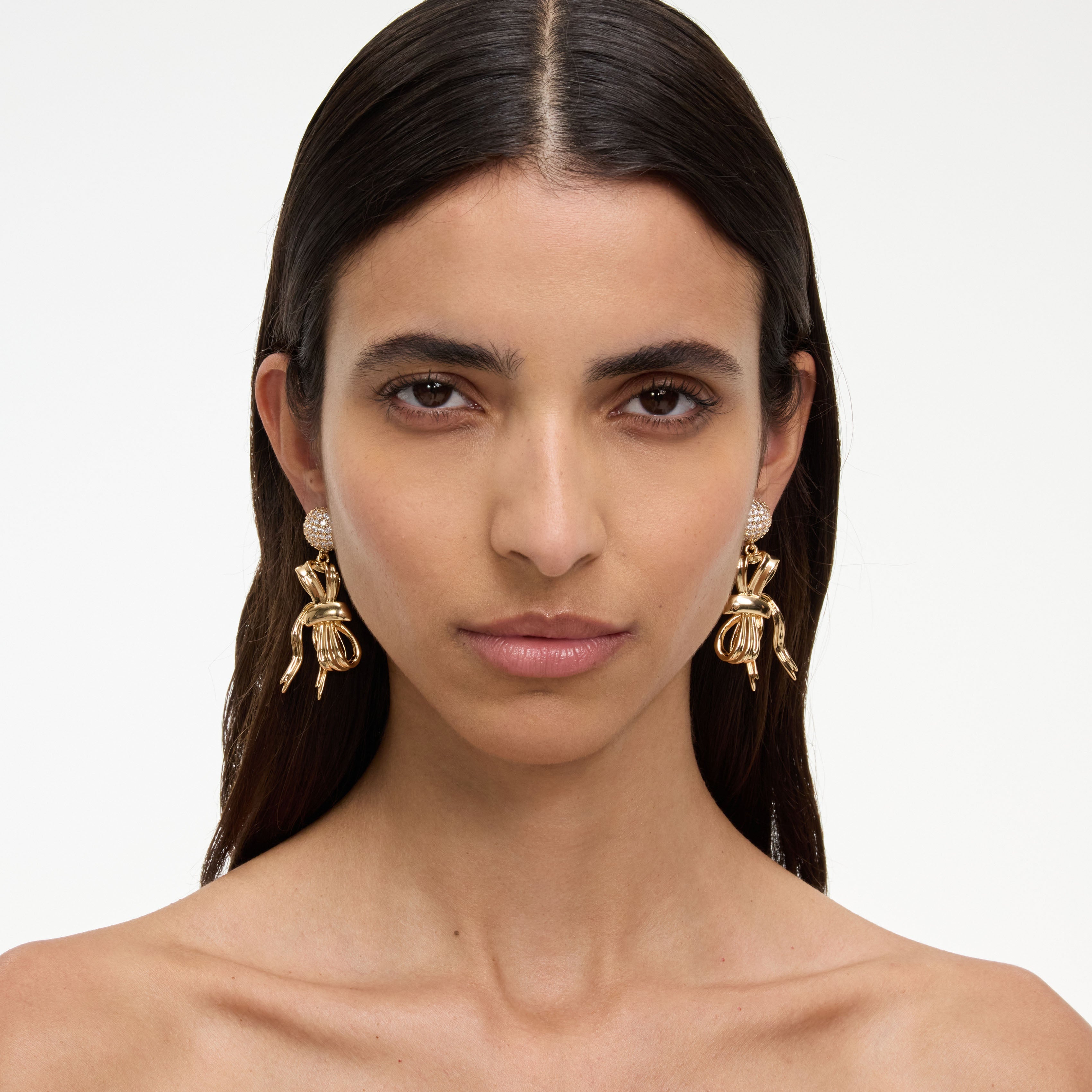 Gold Crystal Sideward Bow Earring