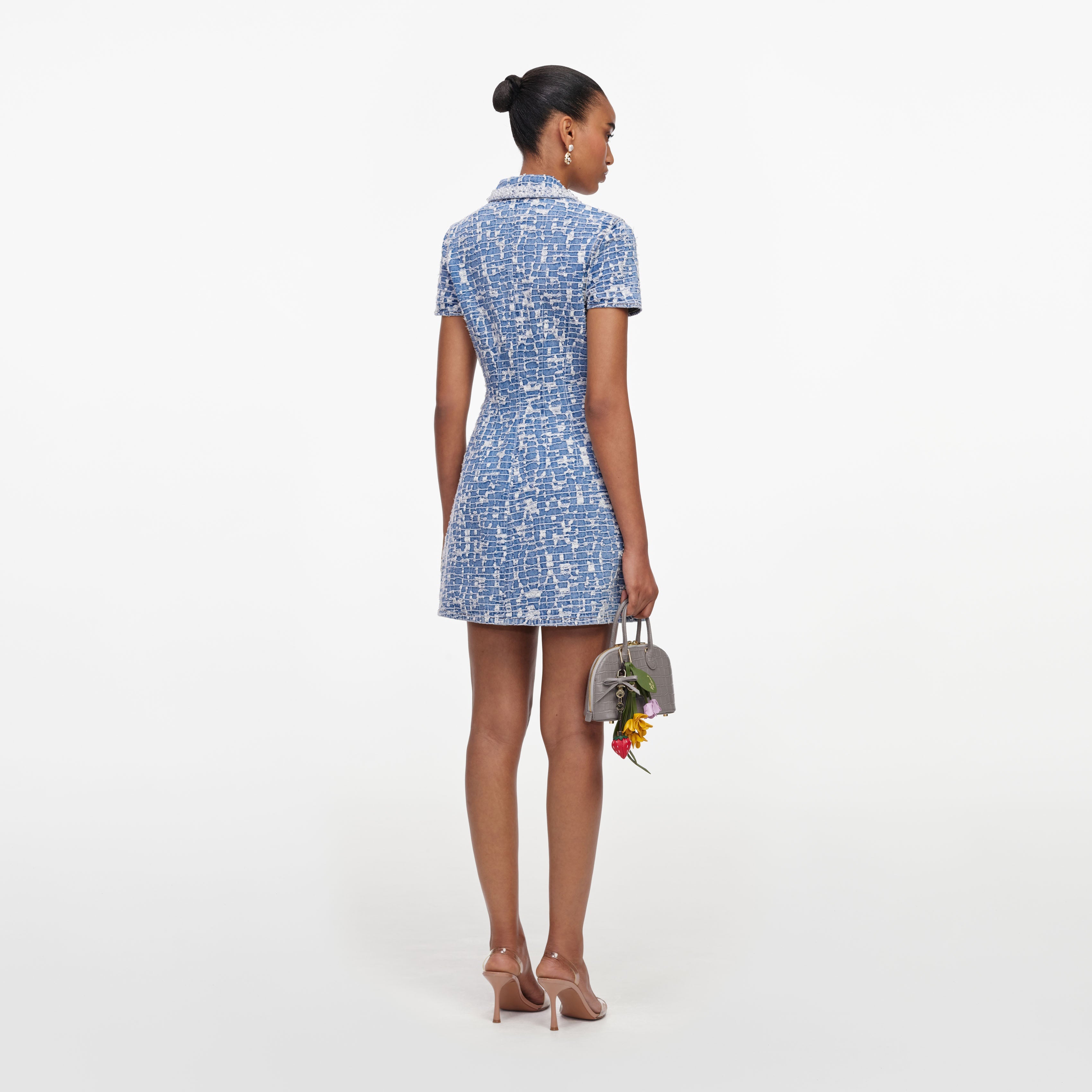 Blue Collared Textured Denim Mini Dress
