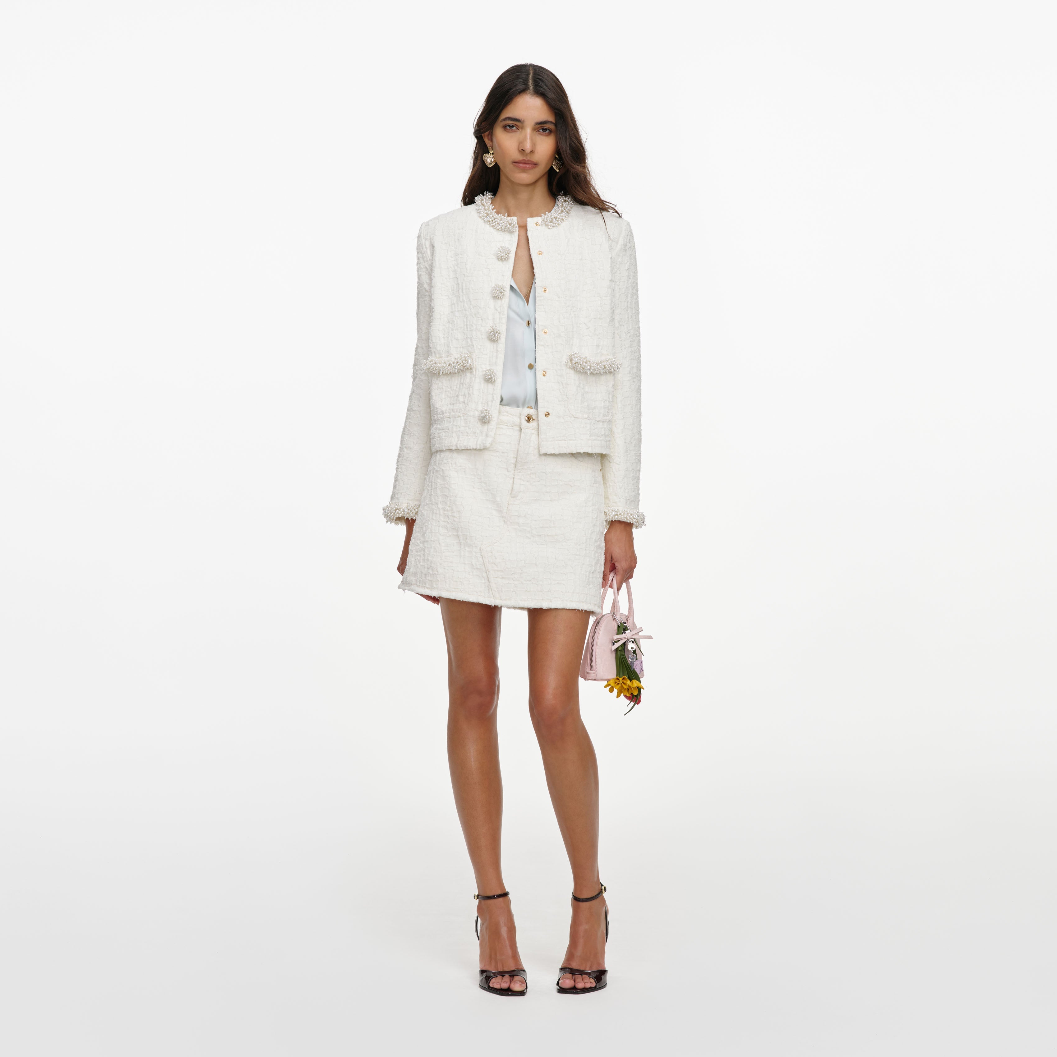 Cream Textured Denim Jacket