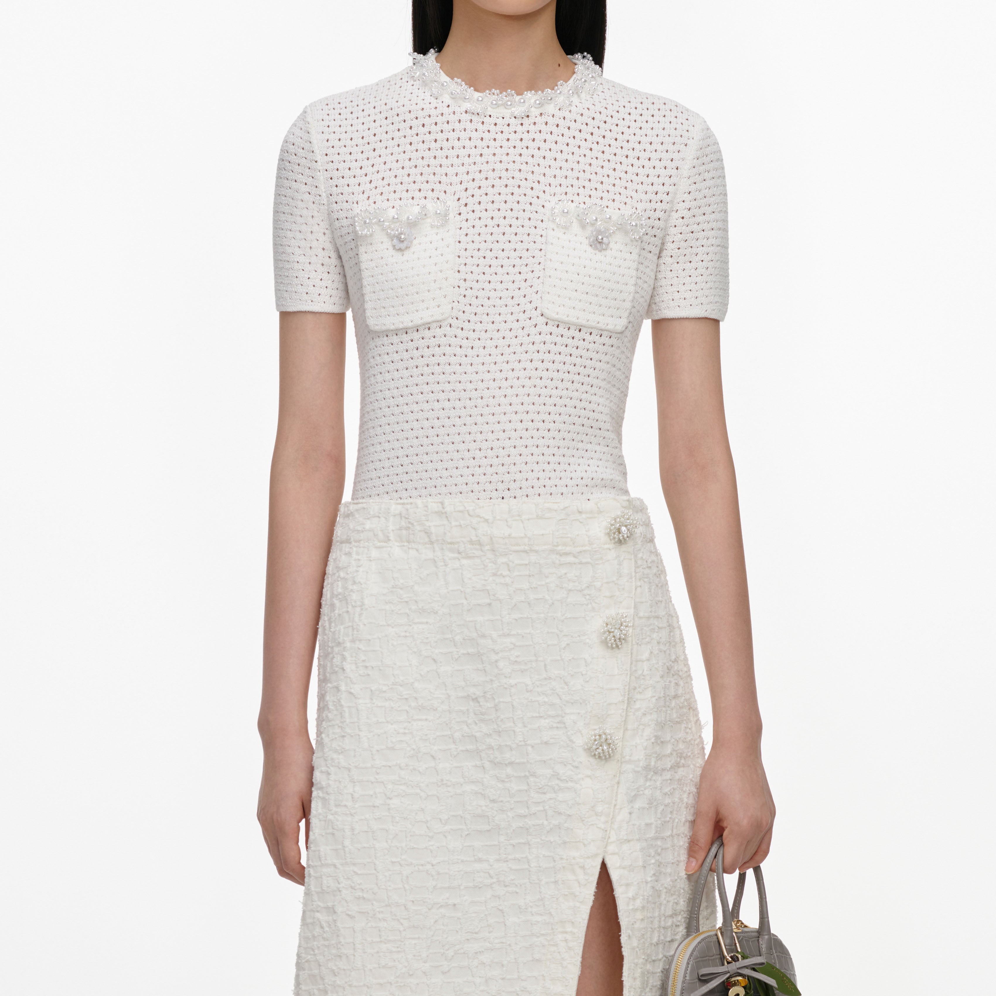 Cream Textured Denim Midi Skirt