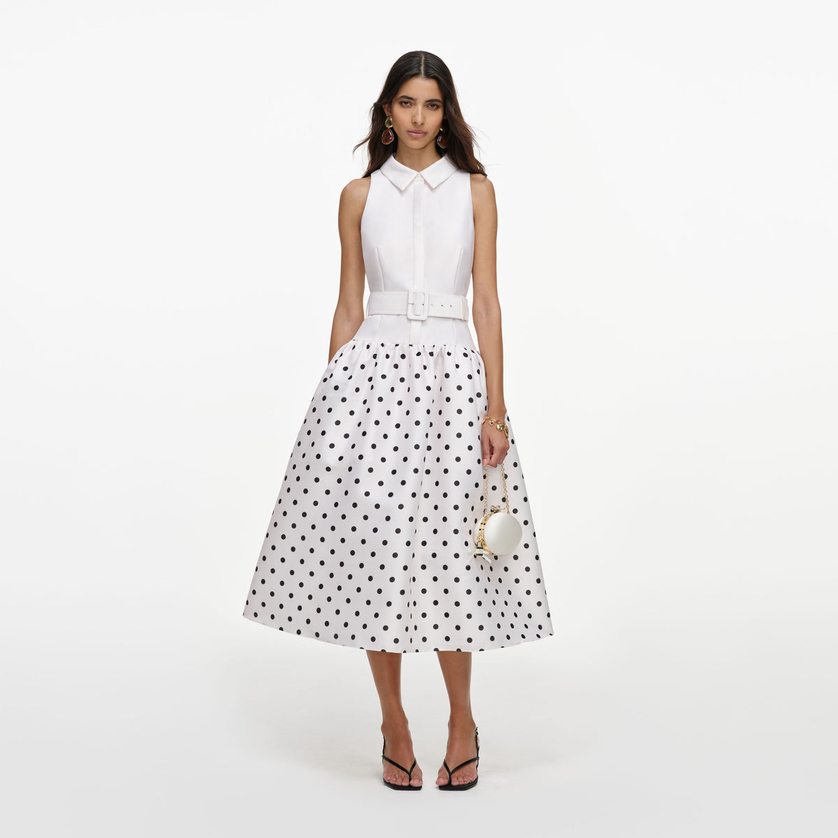 White Sleeveless Polka Dot Midi Dress