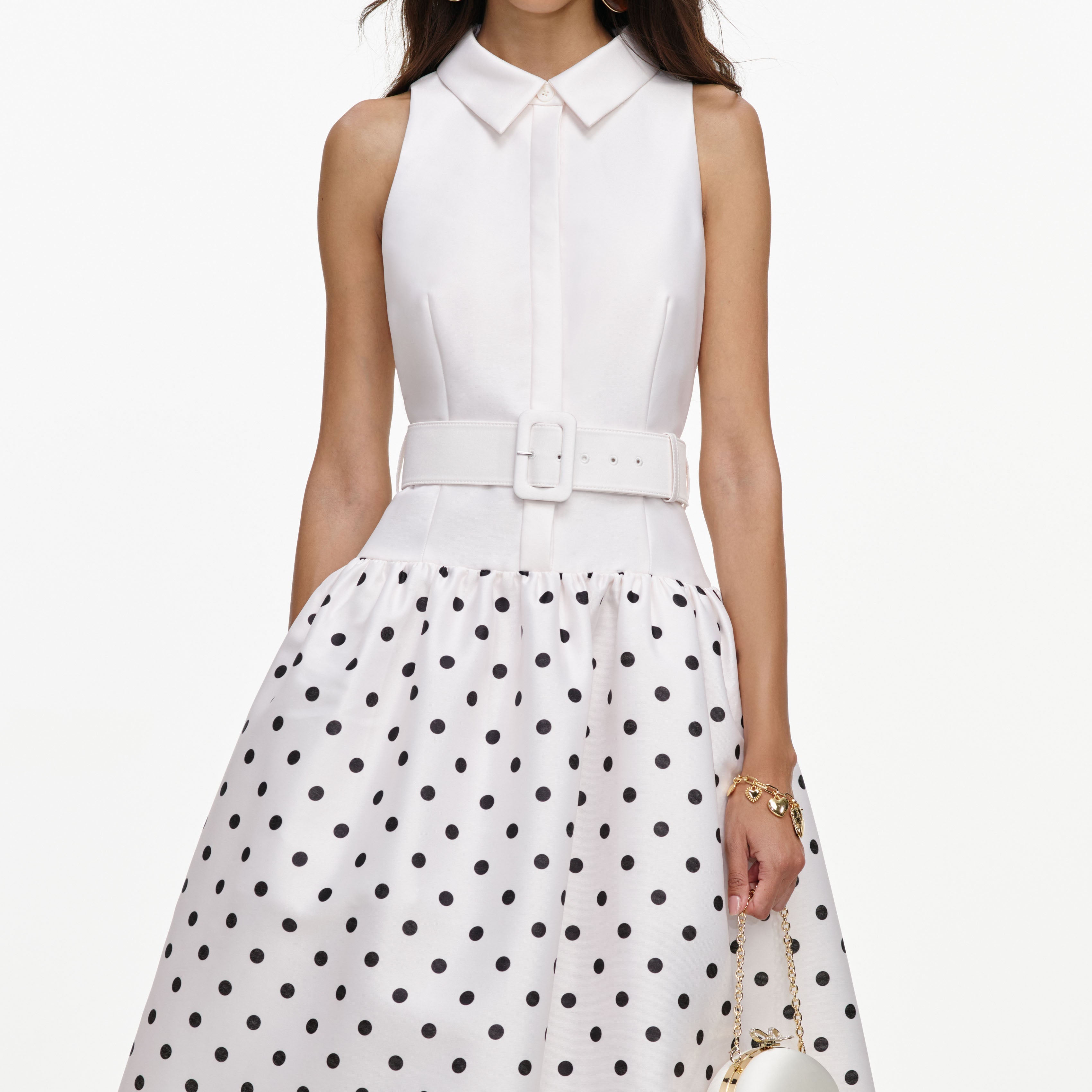 Off White Sleeveless Polka Dot Midi Dress