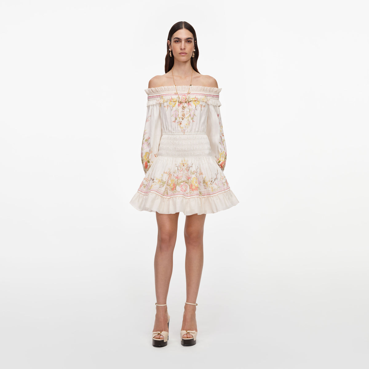 self-portrait - Cream Floral Organza Ruffle Mini Dress