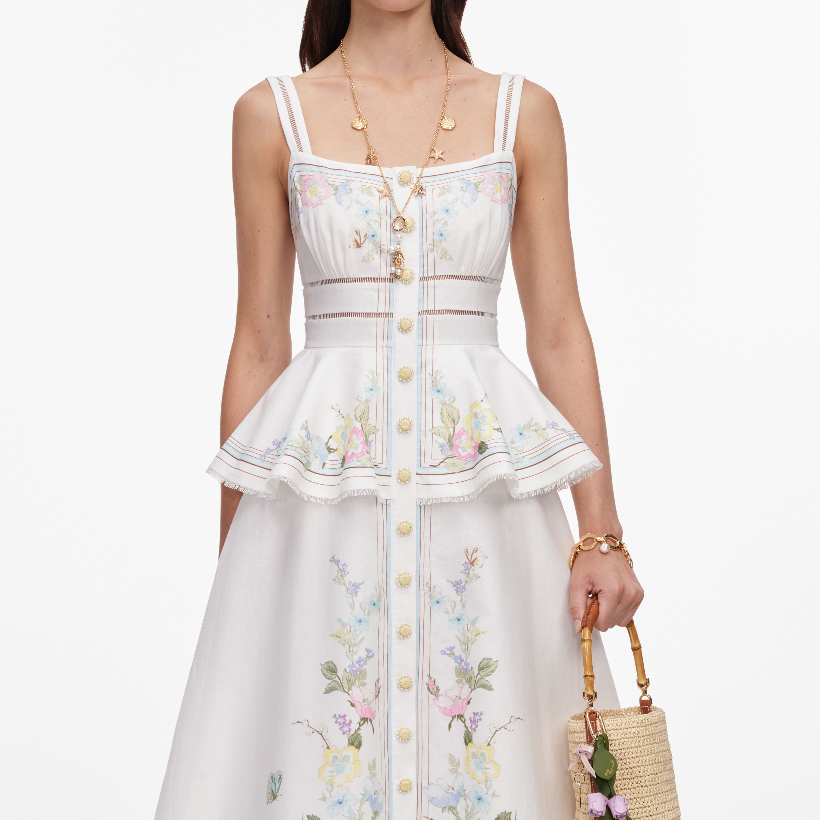 White Floral Linen Blend Peplum Midi Dress – self-portrait-US