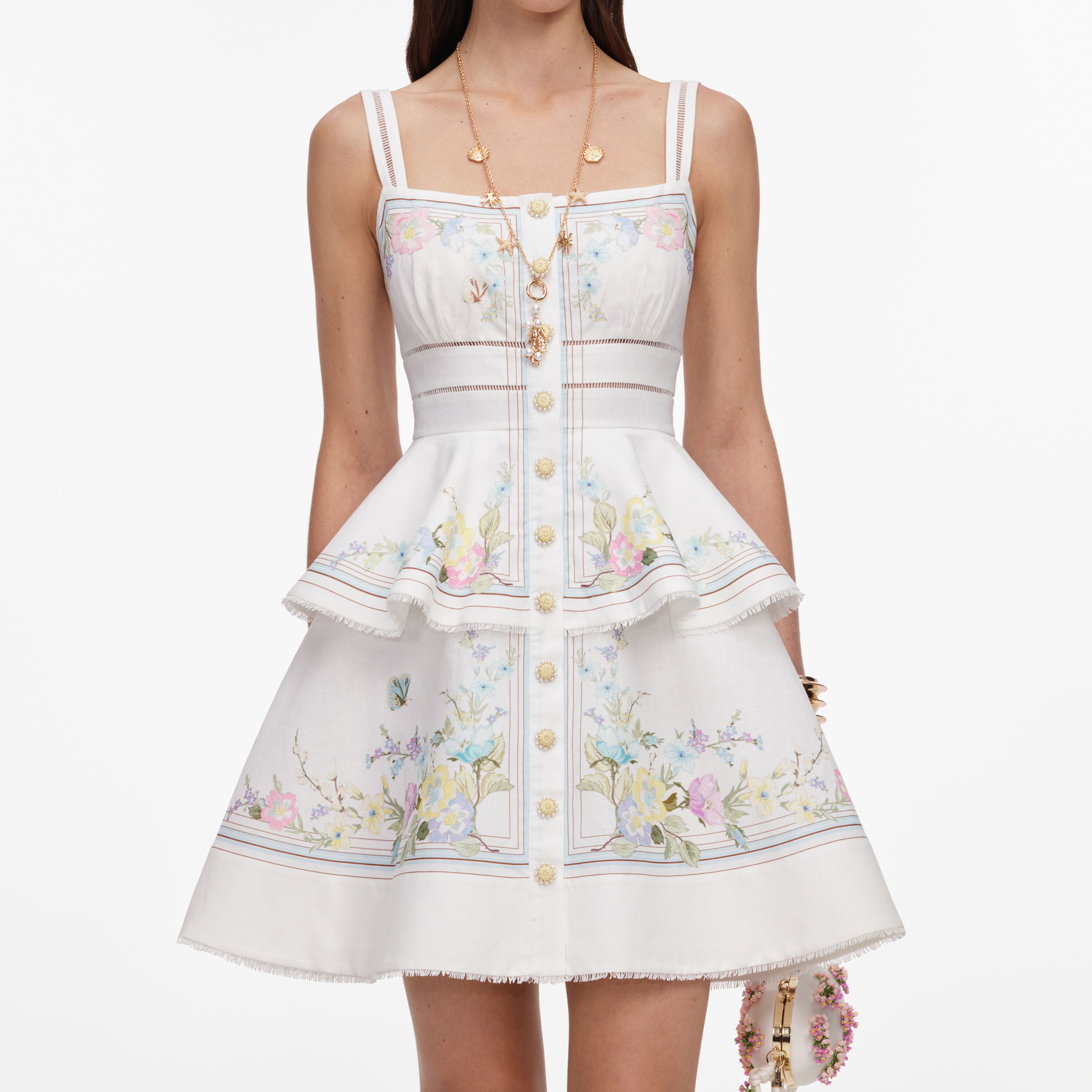 White Floral Linen Blend Peplum Mini Dress – self-portrait-US