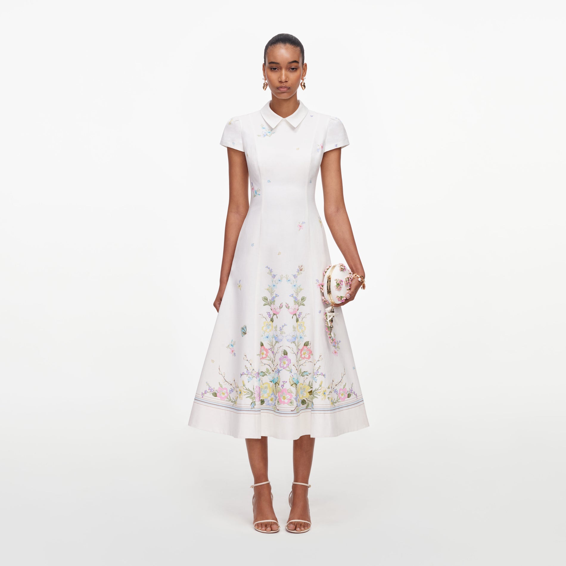 White Floral Linen Blend Midi Dress