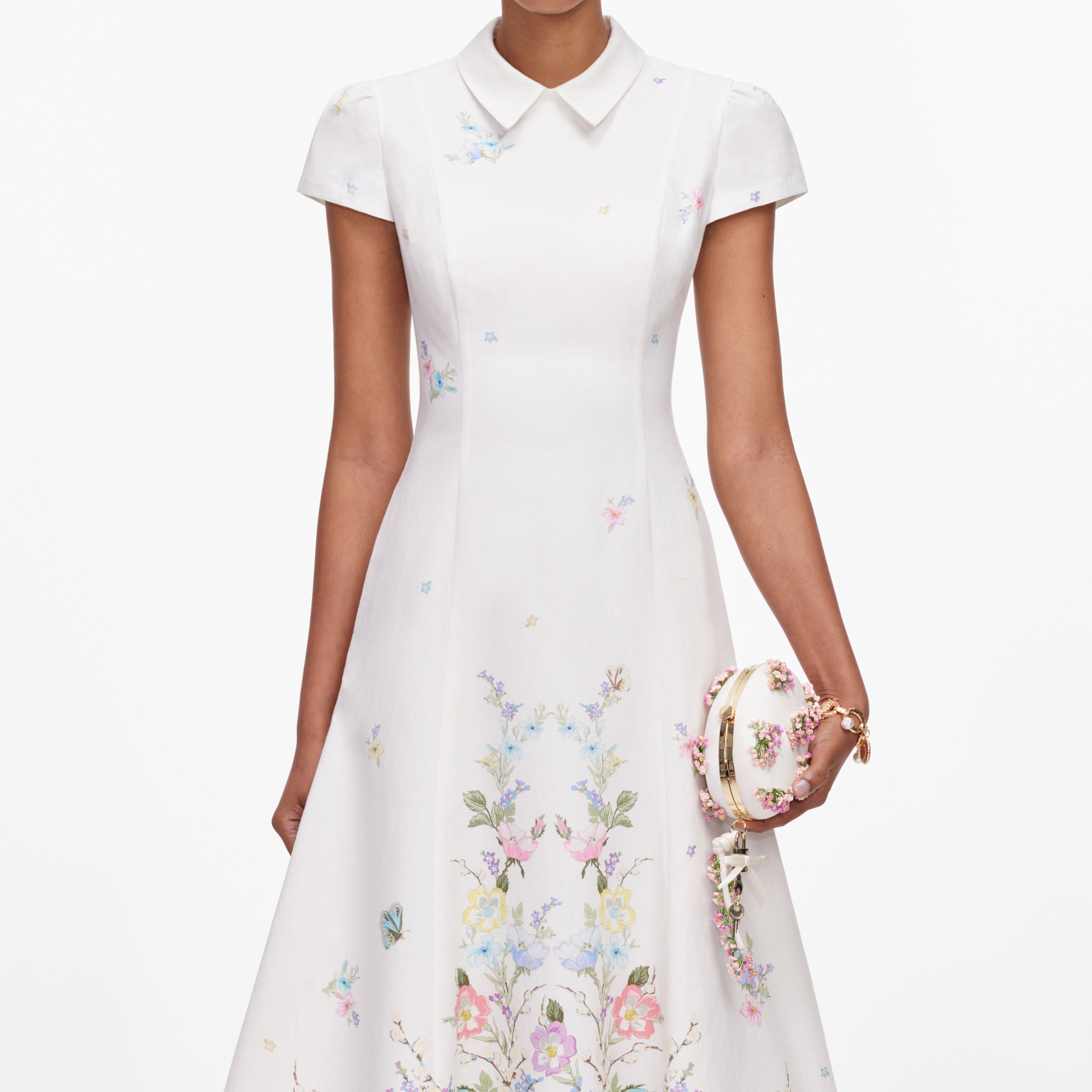 White Floral Linen Blend Midi Dress