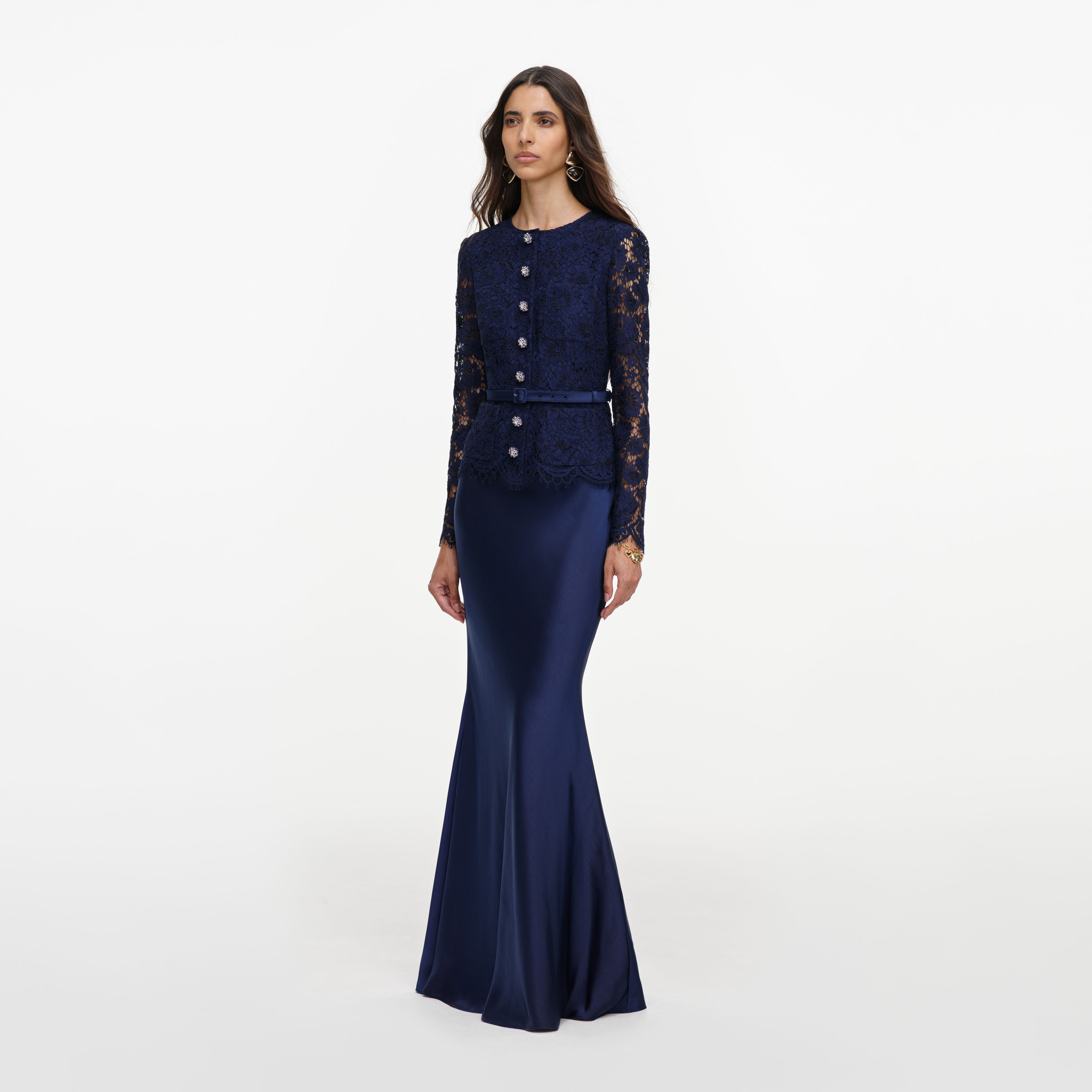 Navy Tailored Lace Satin Maxi Dress