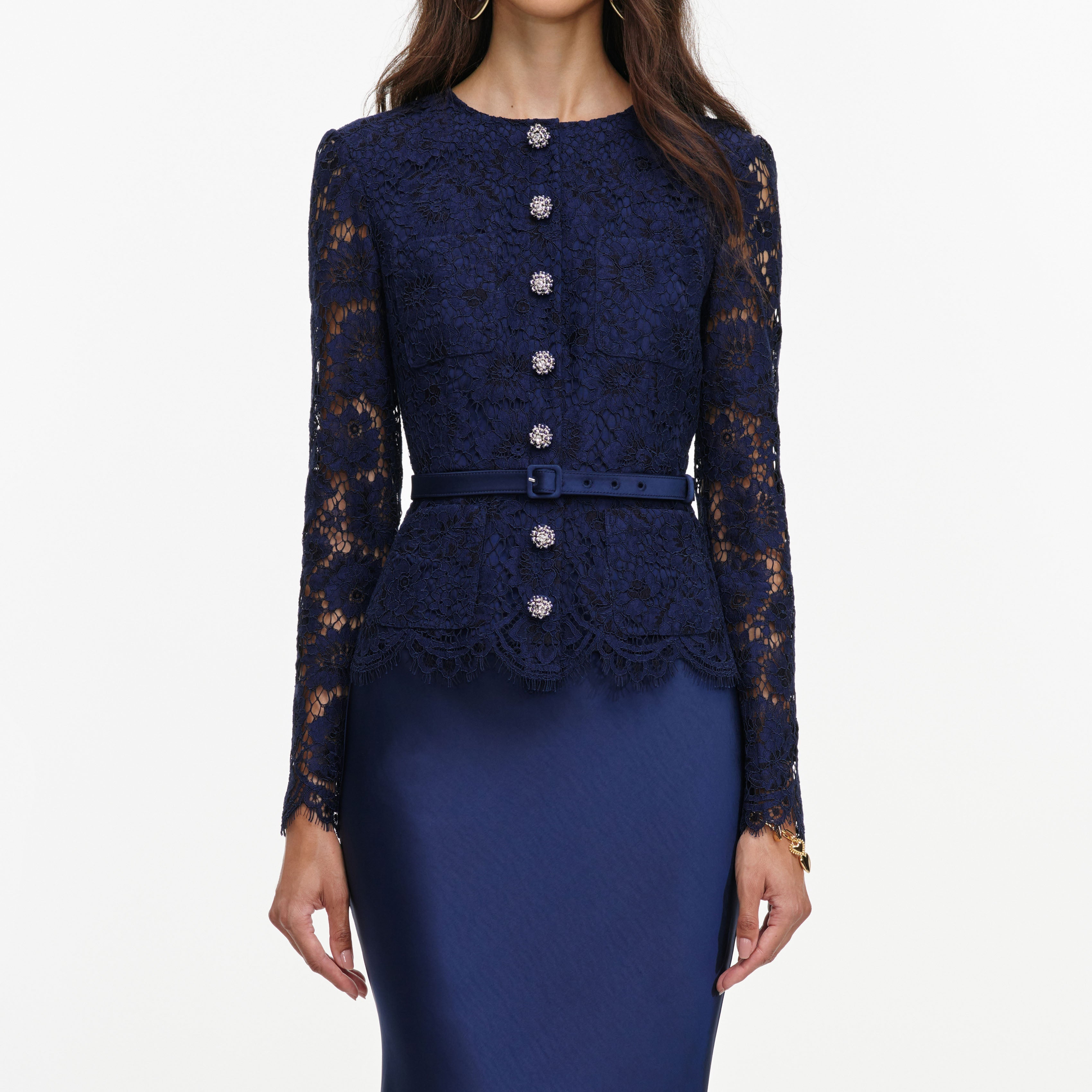 Navy Tailored Lace Satin Maxi Dress
