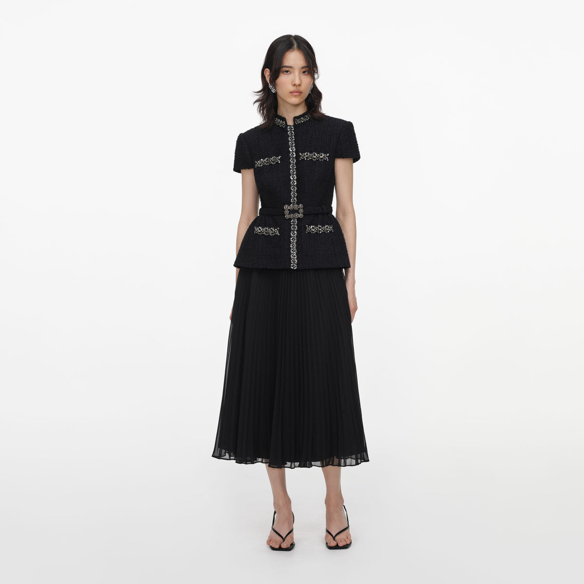 self-portrait black boucle chiffon midi dress Self-portrait Boucl Chiffon Midi Dress