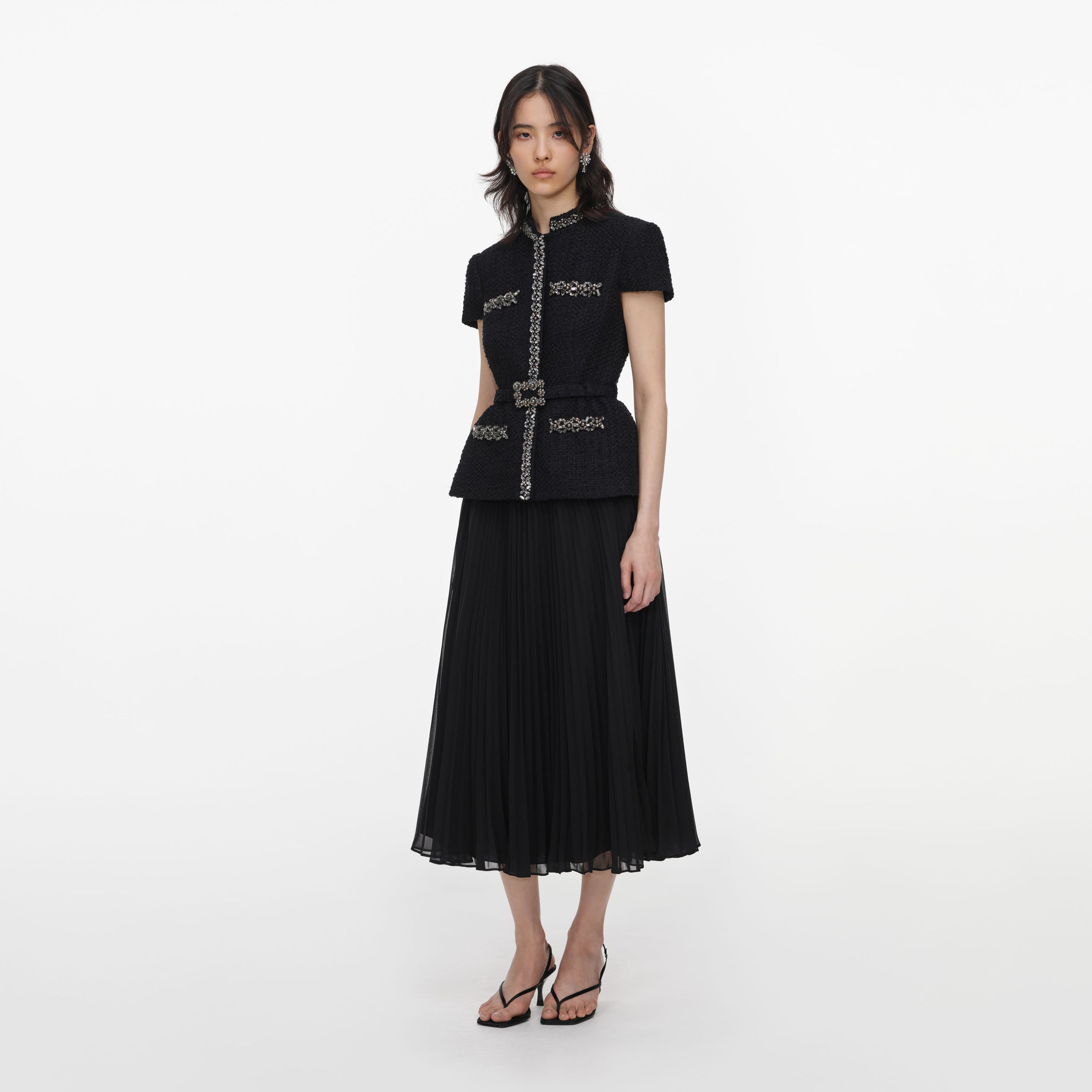 self-portrait - Black Boucle Crystal Trim Chiffon Midi Dress