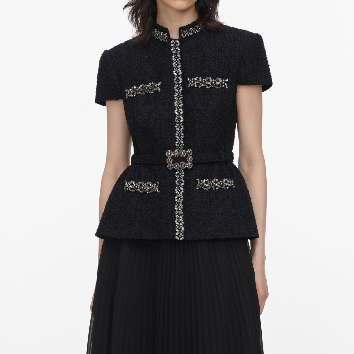 Black Boucle Crystal Trim Chiffon Midi Dress – self-portrait-US