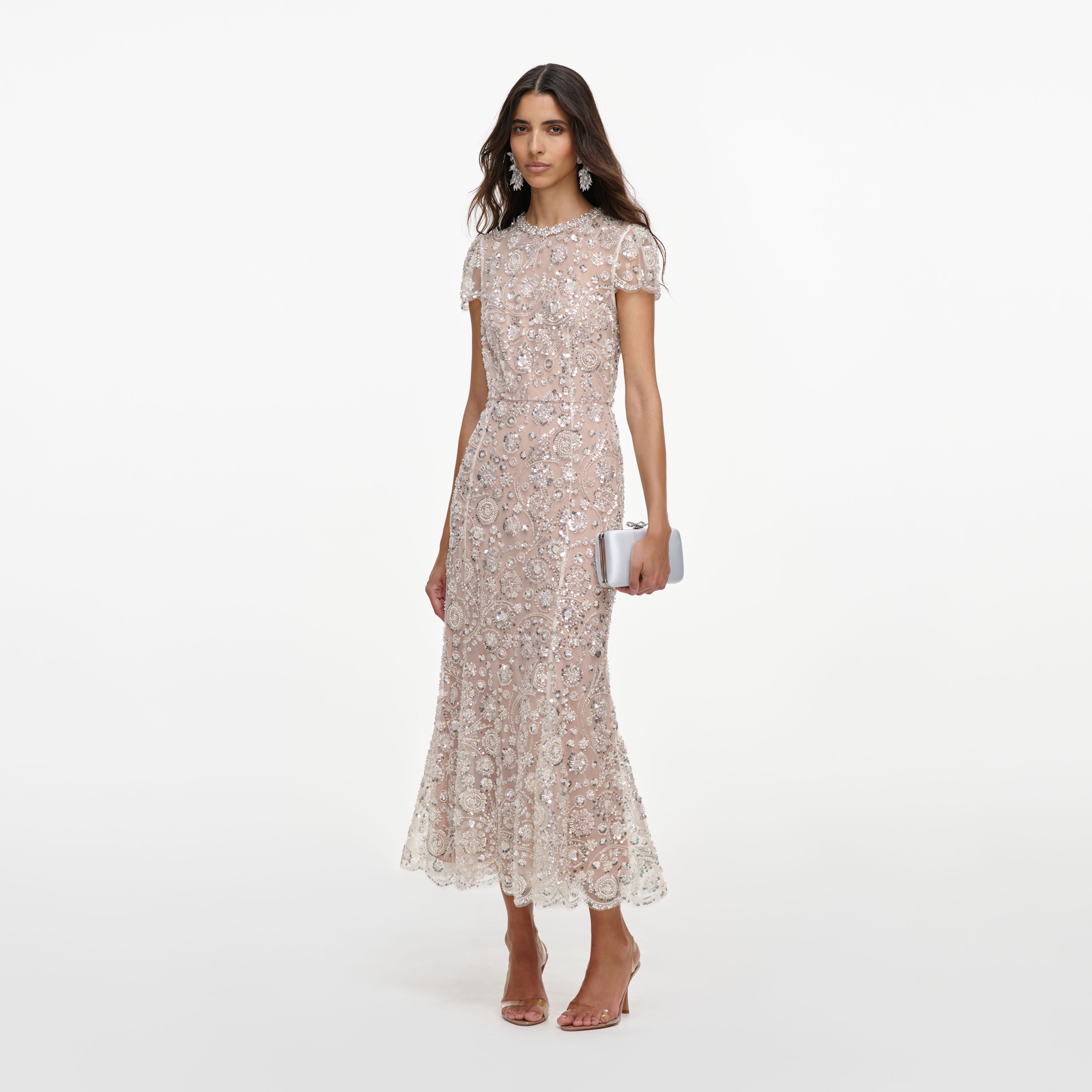 Cream Sequin Embellished Midi Dress