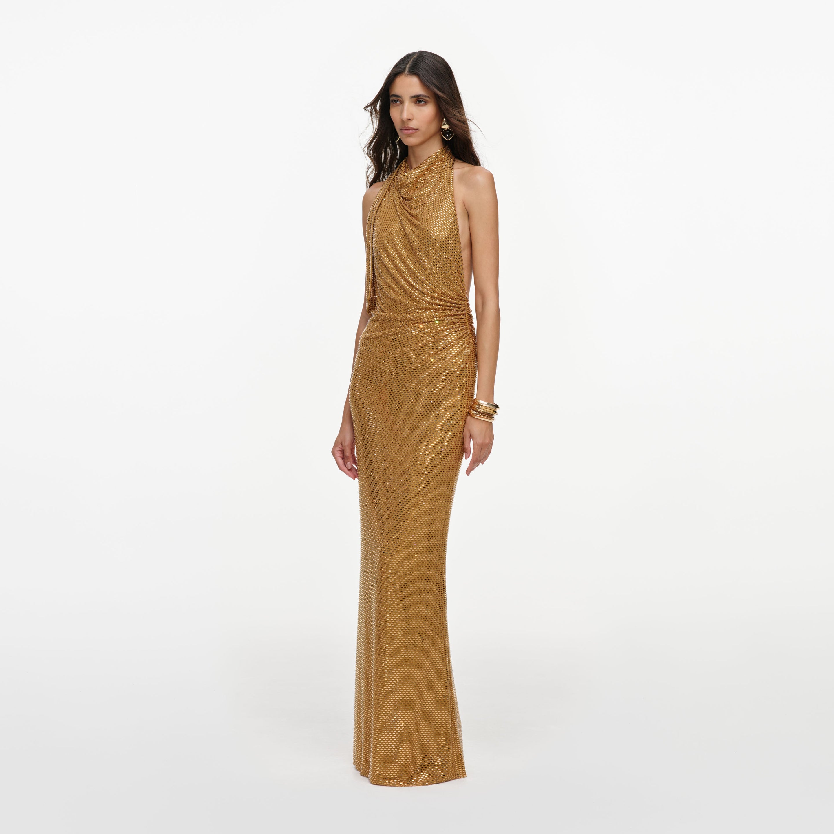self portrait gold dress self-portrait - Rhinestone Halter Maxi The SEQUIN DRESS by Color:57 AKOEE Vacation Long Dress April24