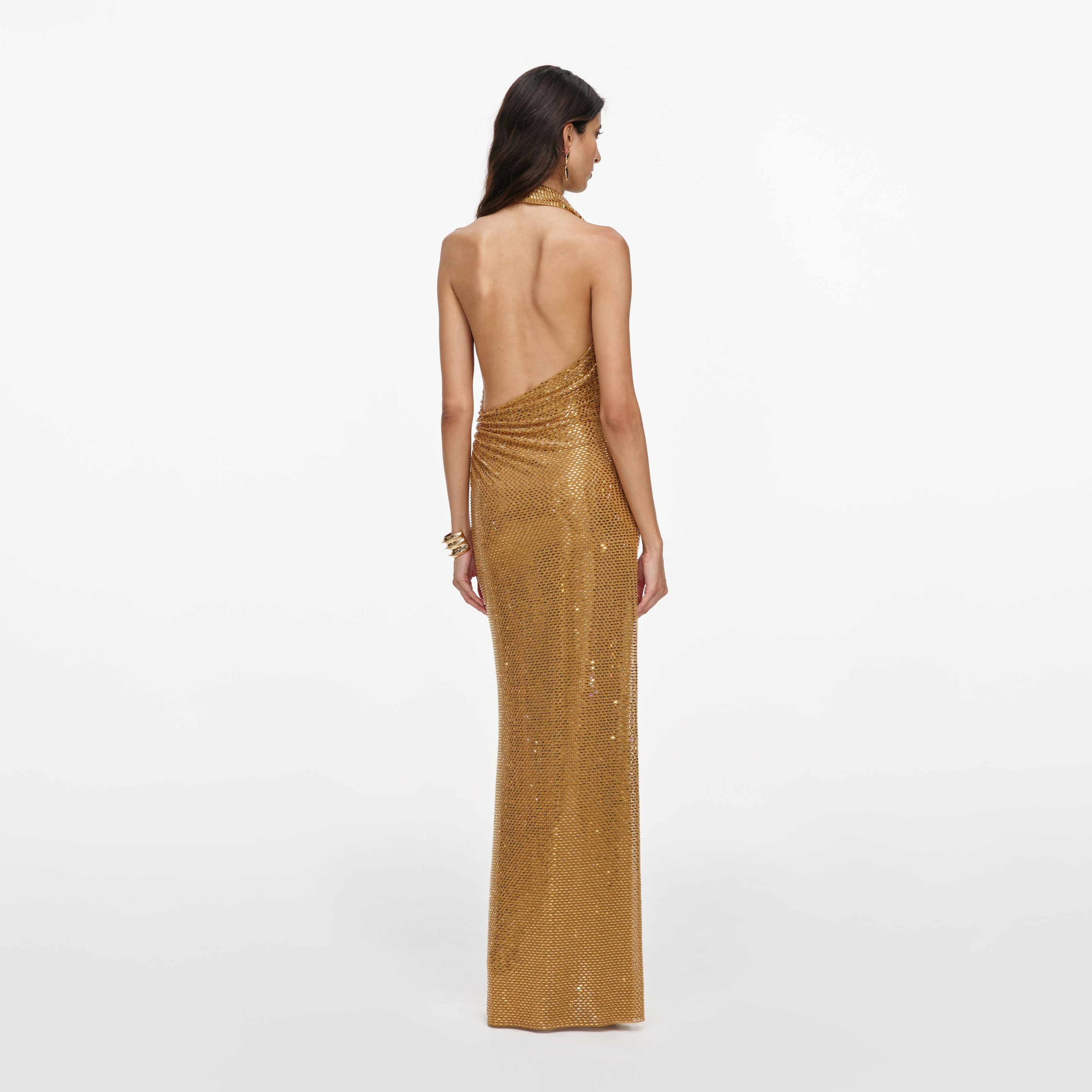 self-portrait - Gold Rhinestone Halter Maxi Dress