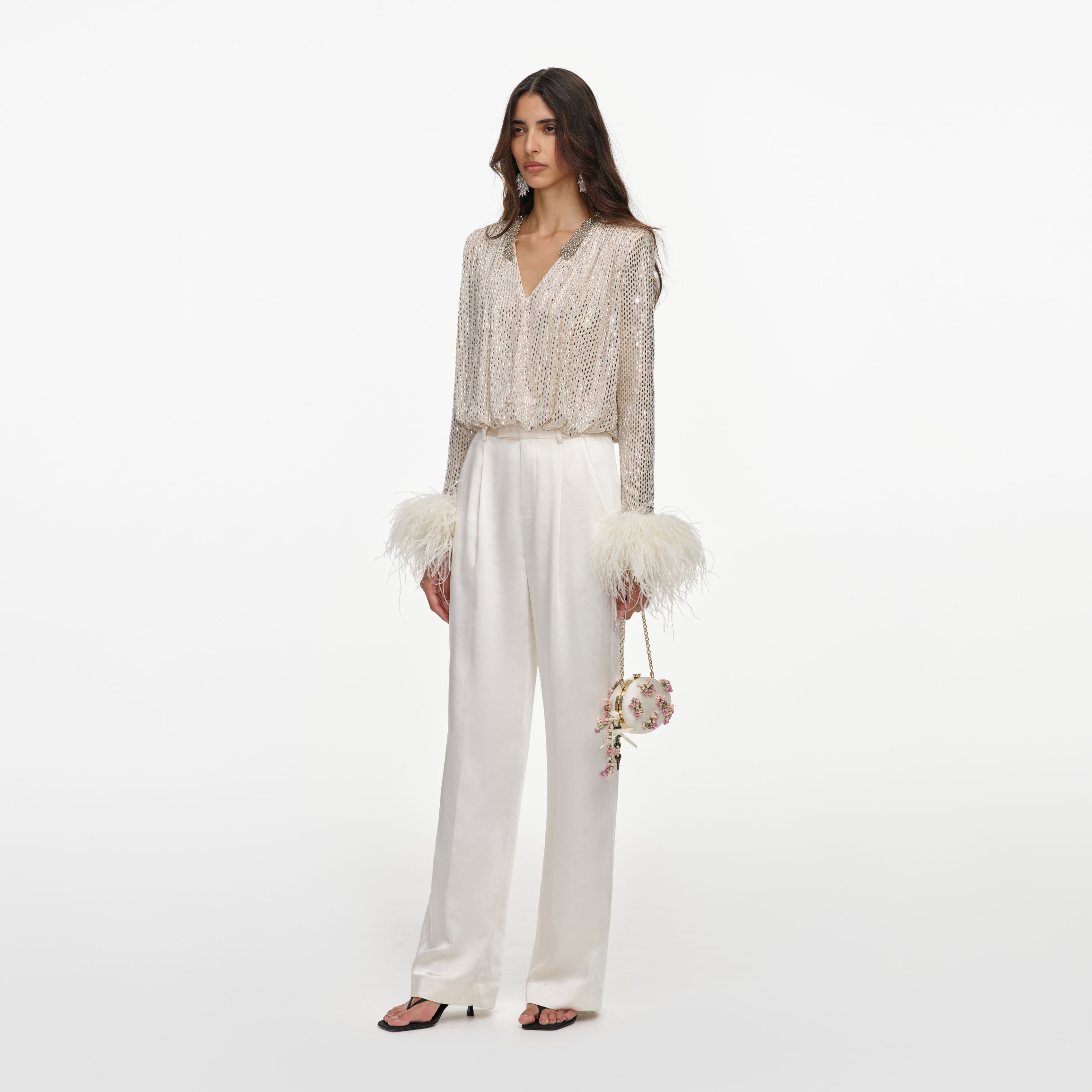 Champagne Rhinestone Embellished Feather Top
