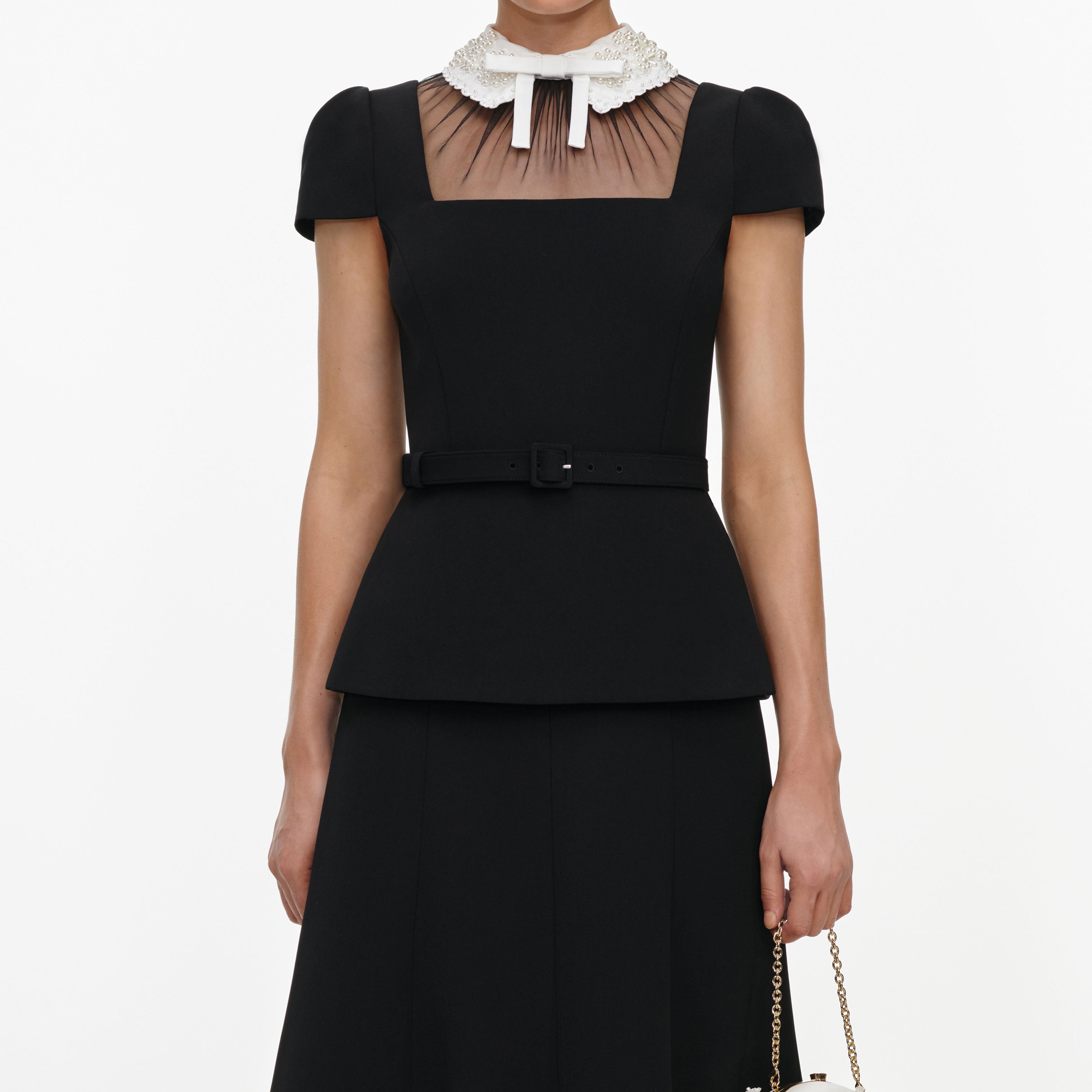 Black Crepe Bow Peplum Midi Dress