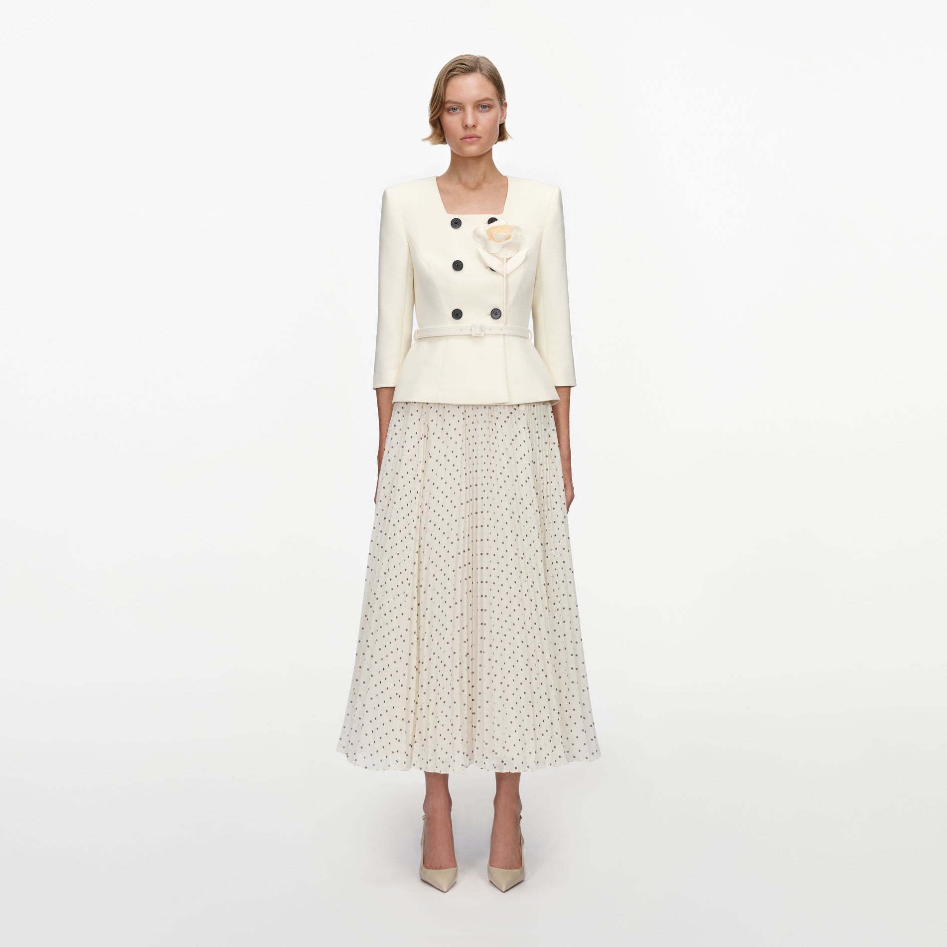 Cream 3D Flower Polka Dot Chiffon Midi Dress