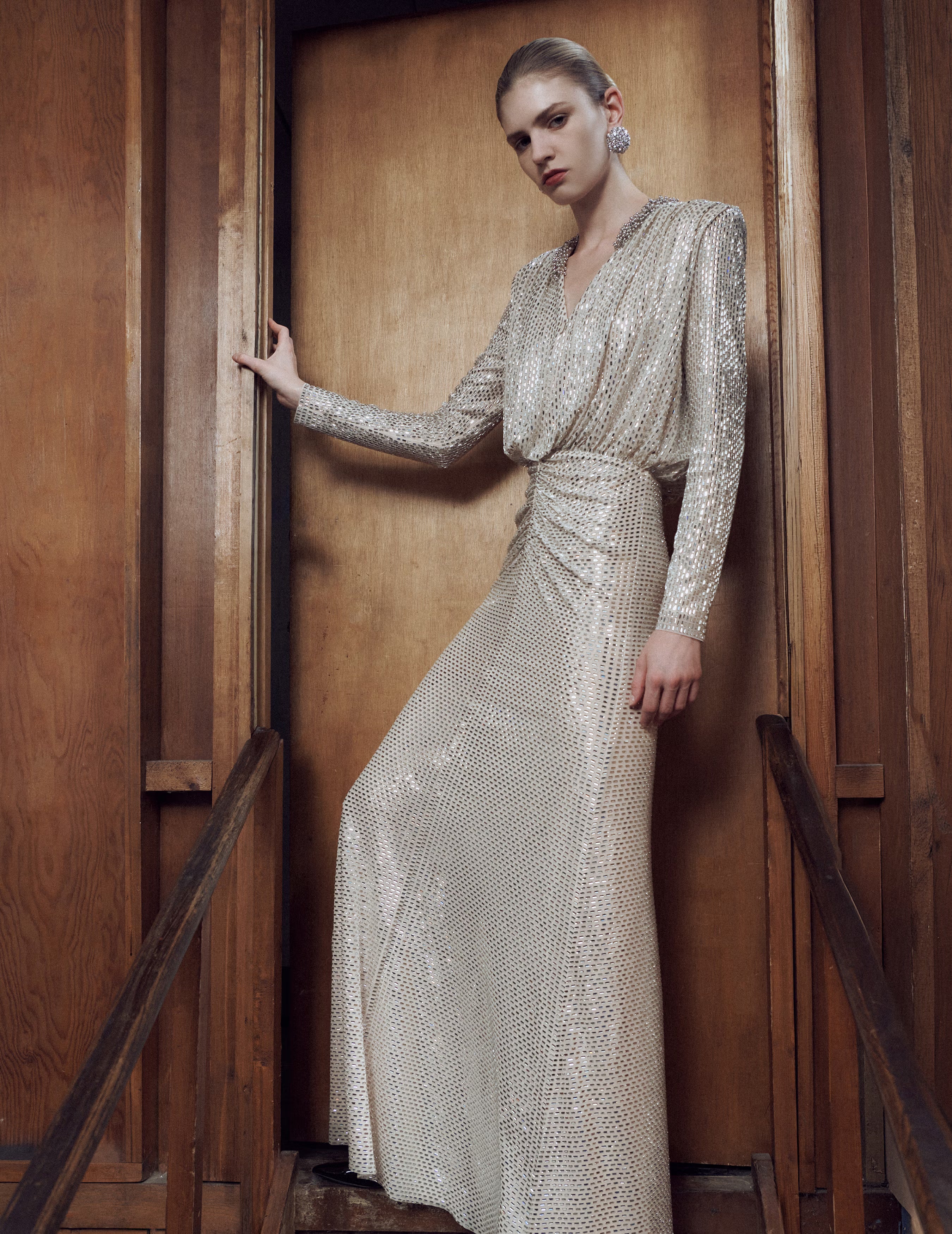 Champagne Rhinestone Embellished Maxi Dress