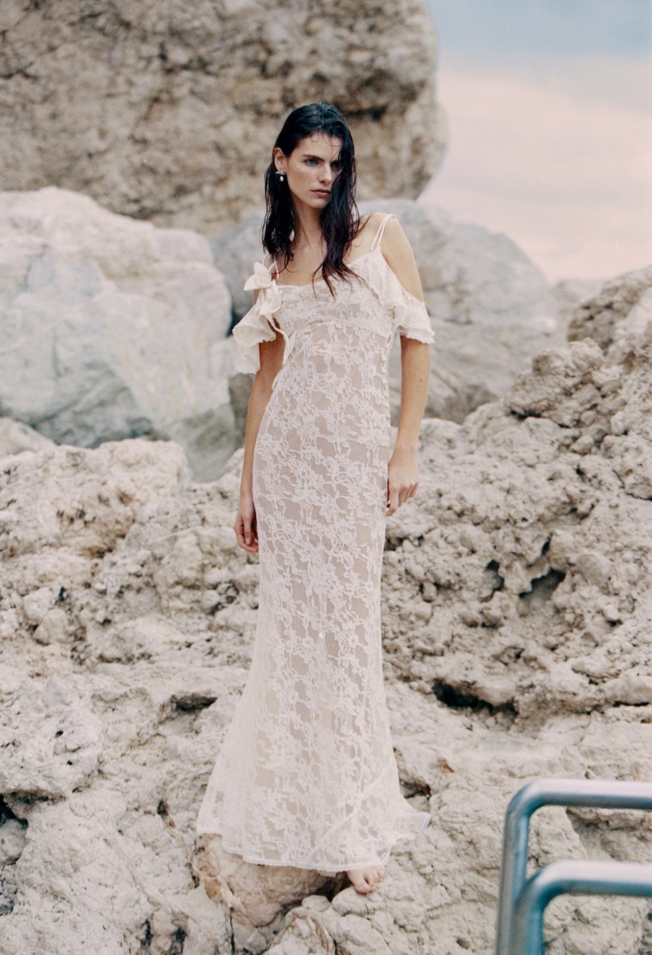 Cream Lace Flower Maxi Dress