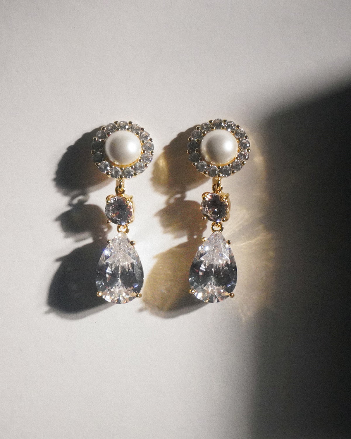 Gold Pearl Tiered Crystal Earrings