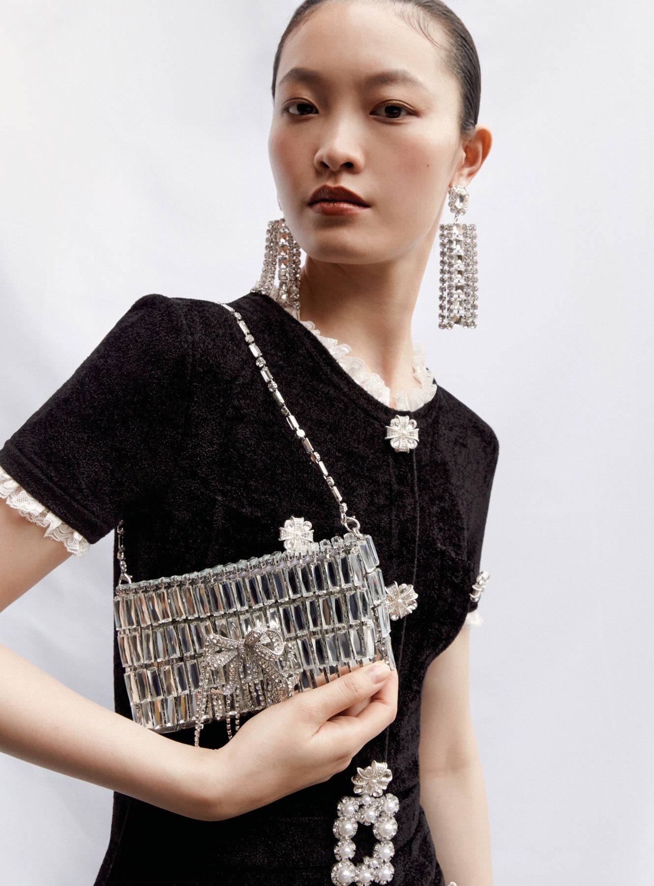 Silver Crystal Bow Mini Shoulder Bag – self-portrait-US