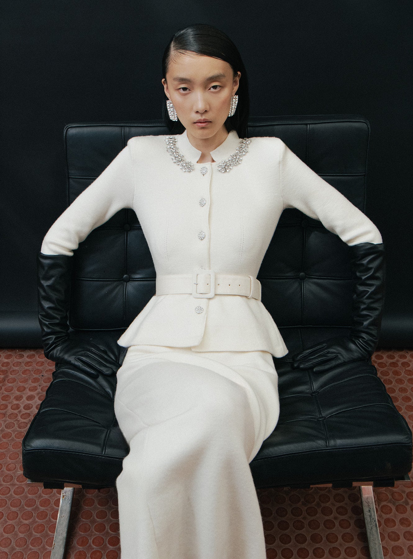 Cream Wool Peplum Knit Midi Dress – self-portrait-US