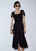 Black Guipure Lace Button Midi Dress