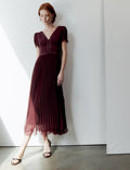 Burgundy Viscose Pleated Lace Midi Dress