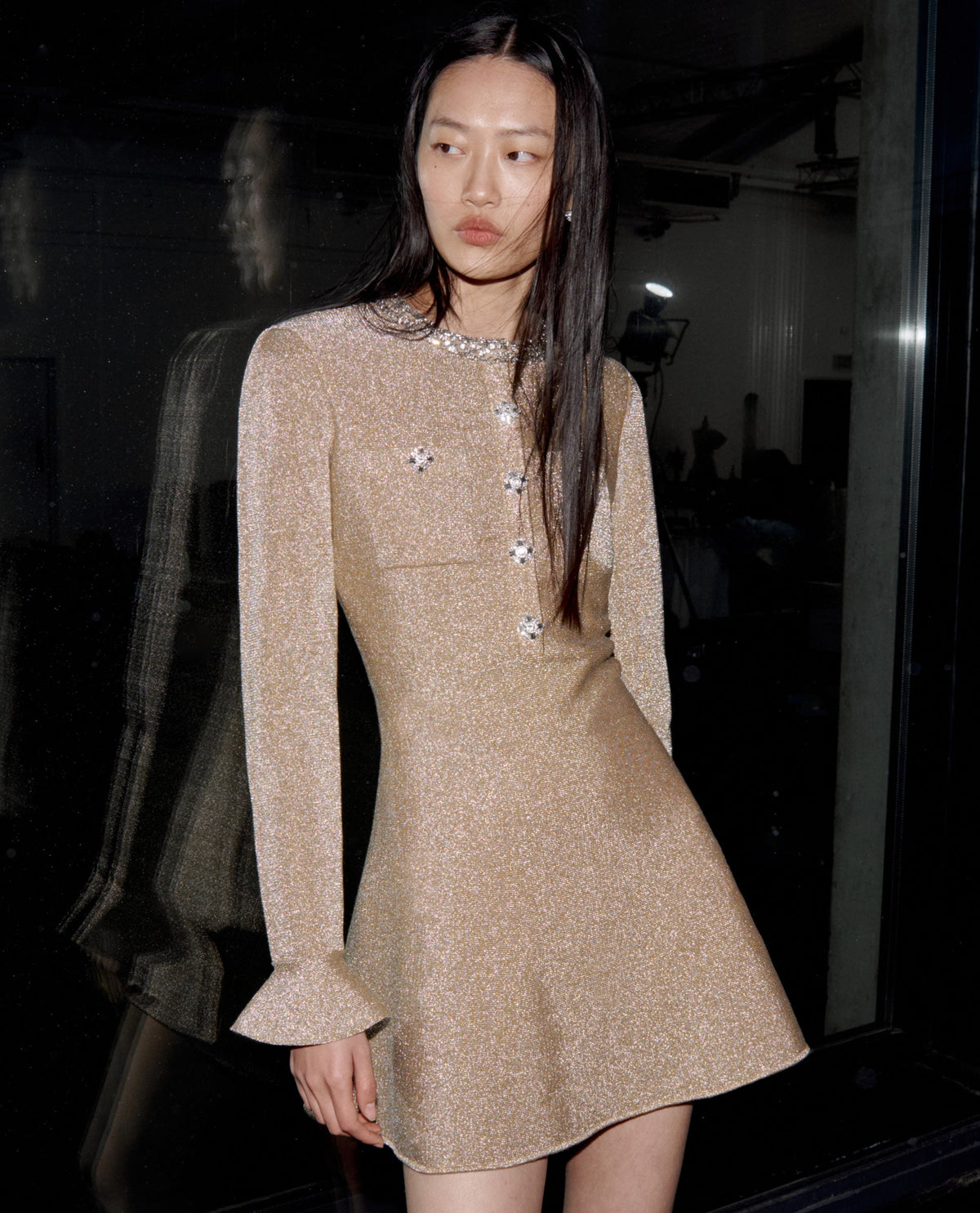 slim fit dress slacks Self-Portrait - Gold Crystal Trim Knit Mini Dress