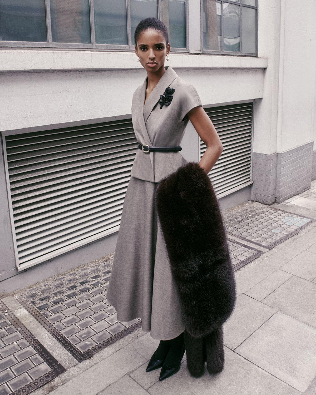 Brown Twill Brooch Midi Dress